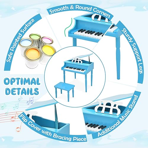 Miniatura 4 de Goplus Piano clásico de 30 teclas para niños, mini piano de cola de madera para aprender a tocar instrumento musical con banco, tapa de piano,