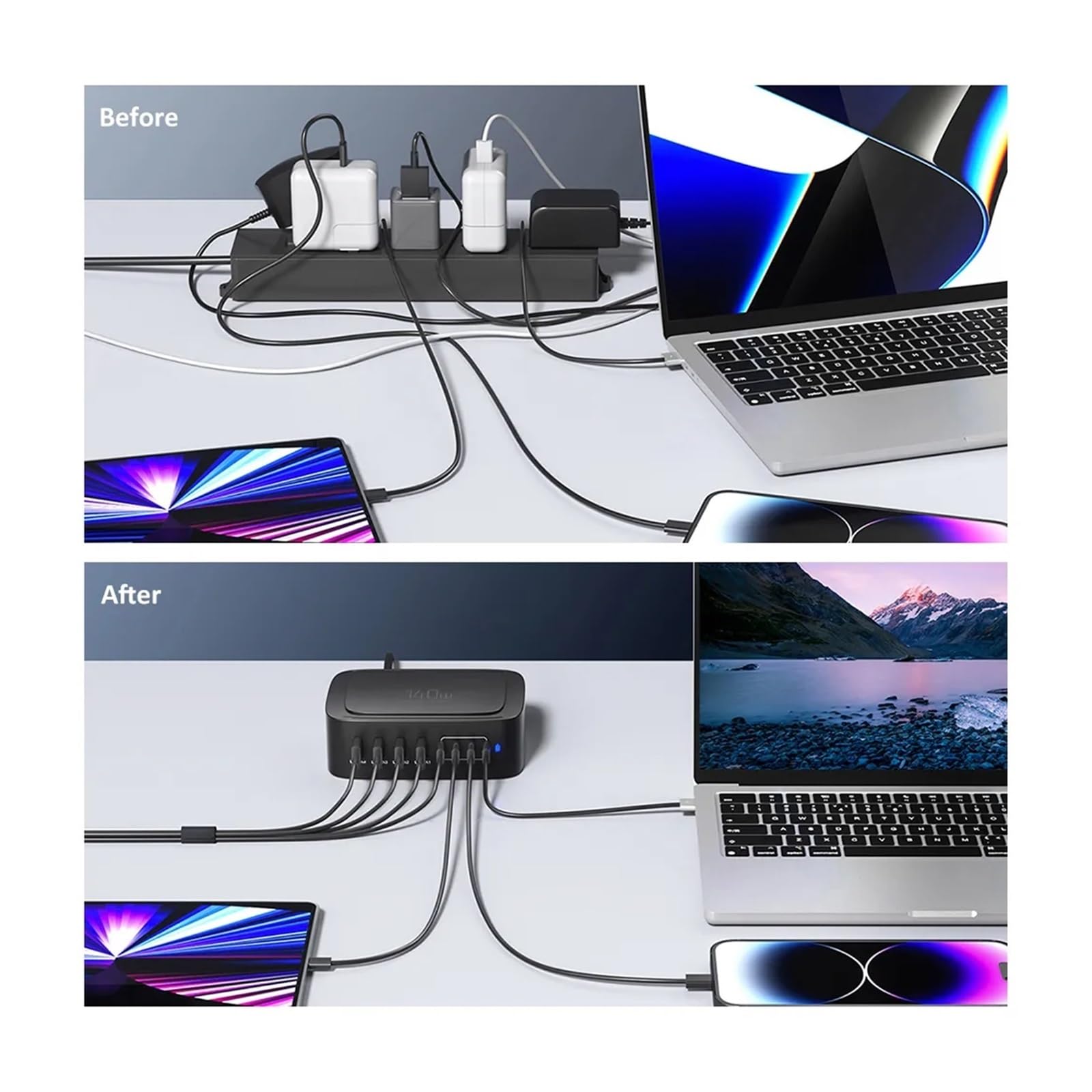 Caricatore Multi USB a 8 Porte da 140 W Stazione di Ricarica Rapida USB C QC3.0 PPS