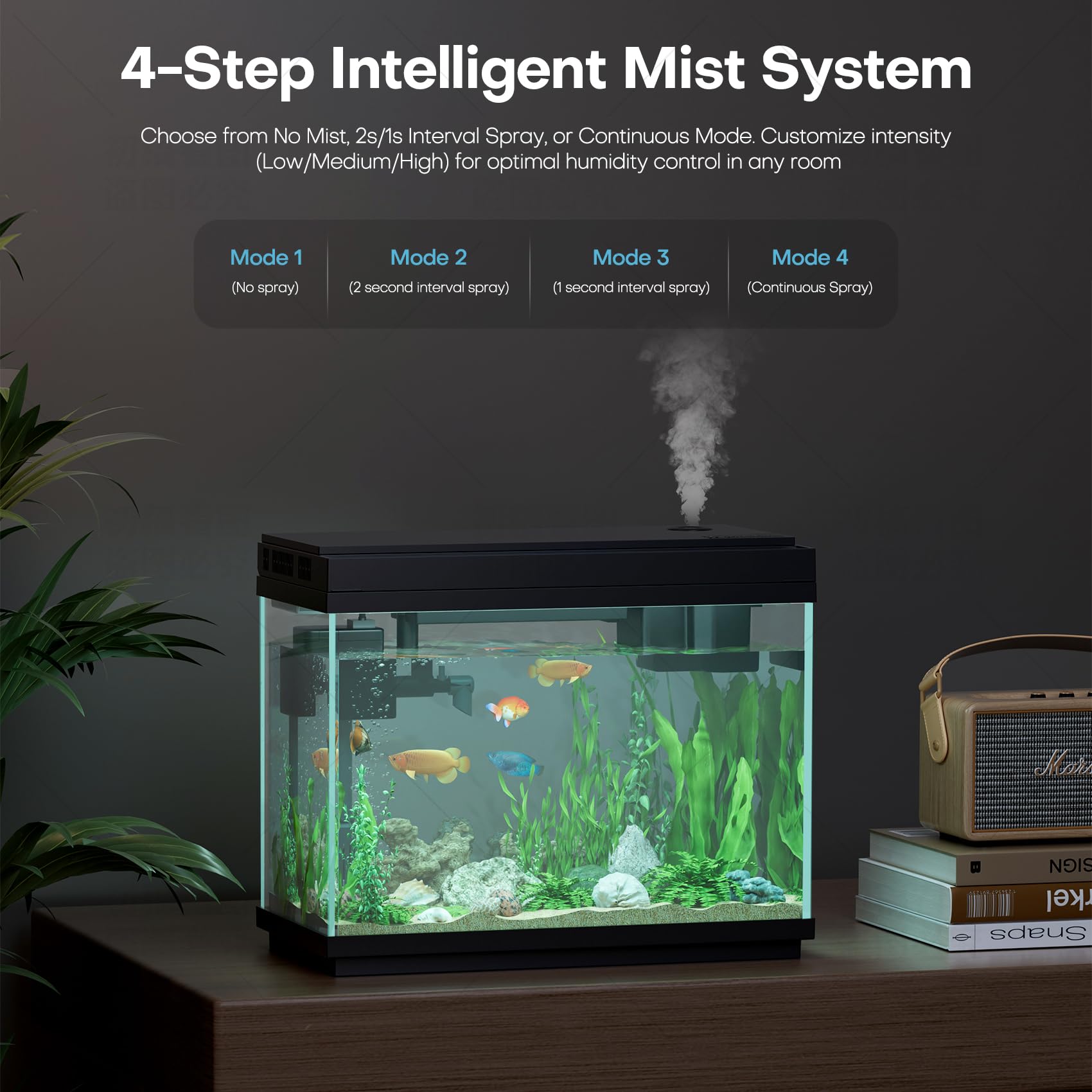 Kit de acuario inteligente para pecera: humidificación automática de 2.5 galones con spray de niebla inteligente, bomba silenciosa ultrasilenciosa, sistema de filtración multicapa, luces de