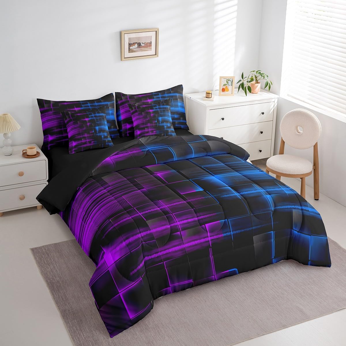 Feelyou Blue and Purple Comforter Set with Sheets 7 Piece Queen Size Kids Geometric Bed in a BagStrip Lines Bedding Set Abstract Art Bed Set with Comforter, Sheets,Cushion Covers