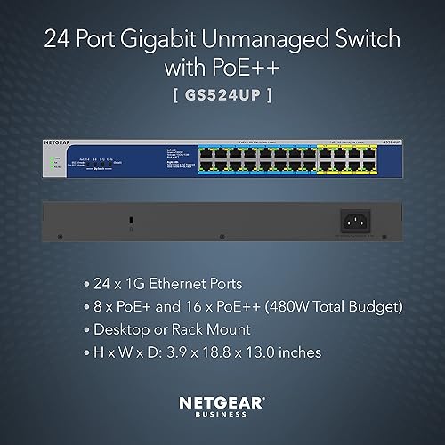 Miniatura 2 de NETGEAR Conmutador PoE no administrado Gigabit Ethernet de 24 puertos (GS524UP) - con 8 x PoE+ y 16 x Ultra60 PoE++ a 480W, para escritorio o