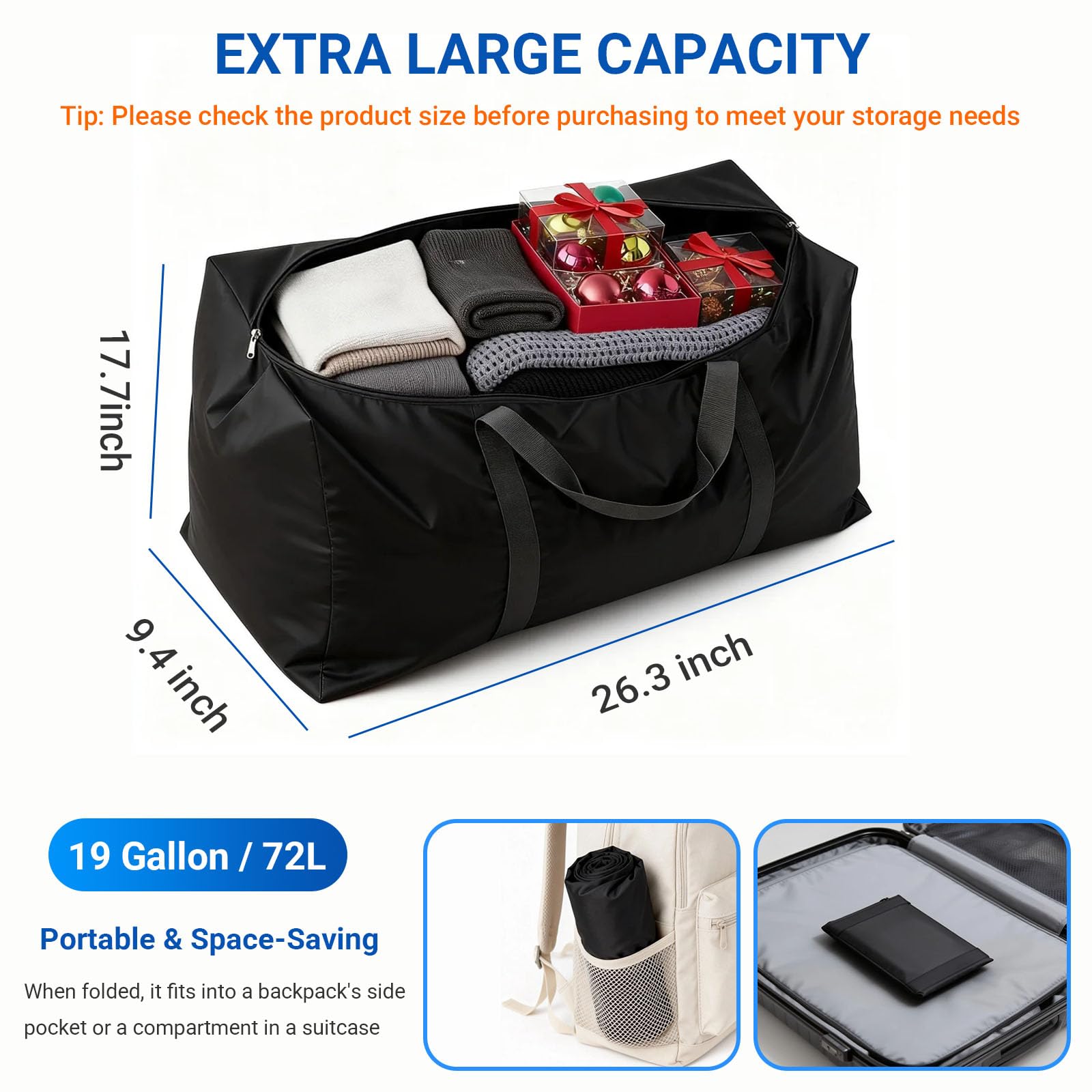 Condition photo showing New/Like New for extra large duffle bag 72l, lightweight & portable travel duffel with strong zipper & reinforced full loop handles, collapsible oversized storage bag for men women, for weekend & long trips - black
