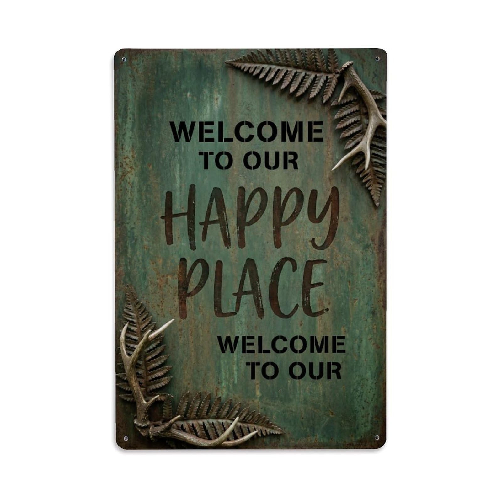 Welcome To Our Happy Place Woodland Retreat Metal Tin Sign Plaque Wall Decor for Cafe, Club Bar, Office, Home Garden Metal Poster 8x12Inch