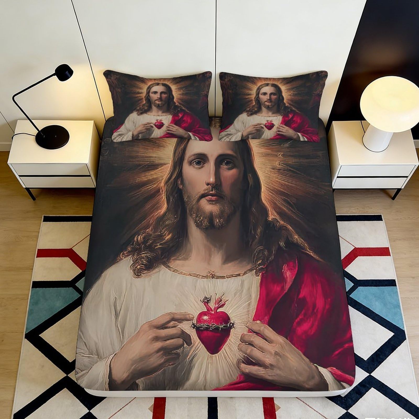 3D Printed Sacred Heart Jesus Fitted Sheet Microfiber Soft Breathable Religious Bed Cover for Bedroom Dormitory Guest Room Protection Decor 180x200x25cm