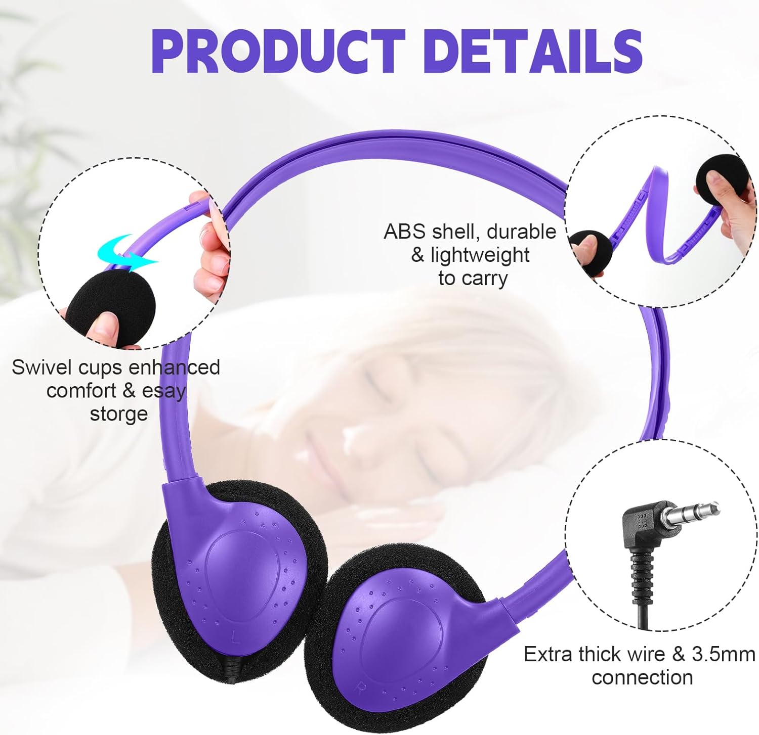 Konohan 30 Pack Headphones Bulk Headphone for School Classroom Student Wired Headphones Adjustable with 3.5 mm Jack for Adults (Purple)