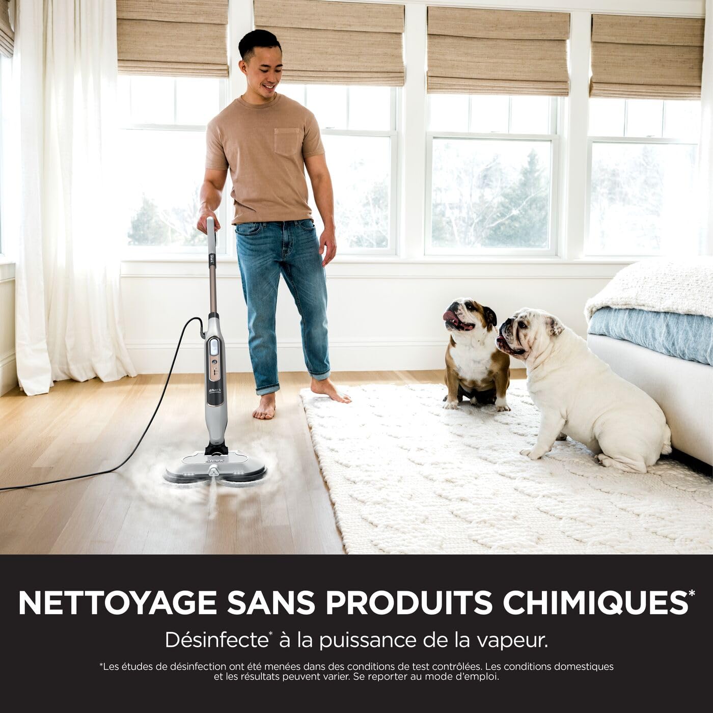 Shark Steam Mop Balai automatique à vapeur et à récurer, 3 réglages vapeur, assainit, élimine taches et saleté, 2 tampons rotatifs, utilisation sur tous les sols durs scellés, blanc et gris, S8201EU