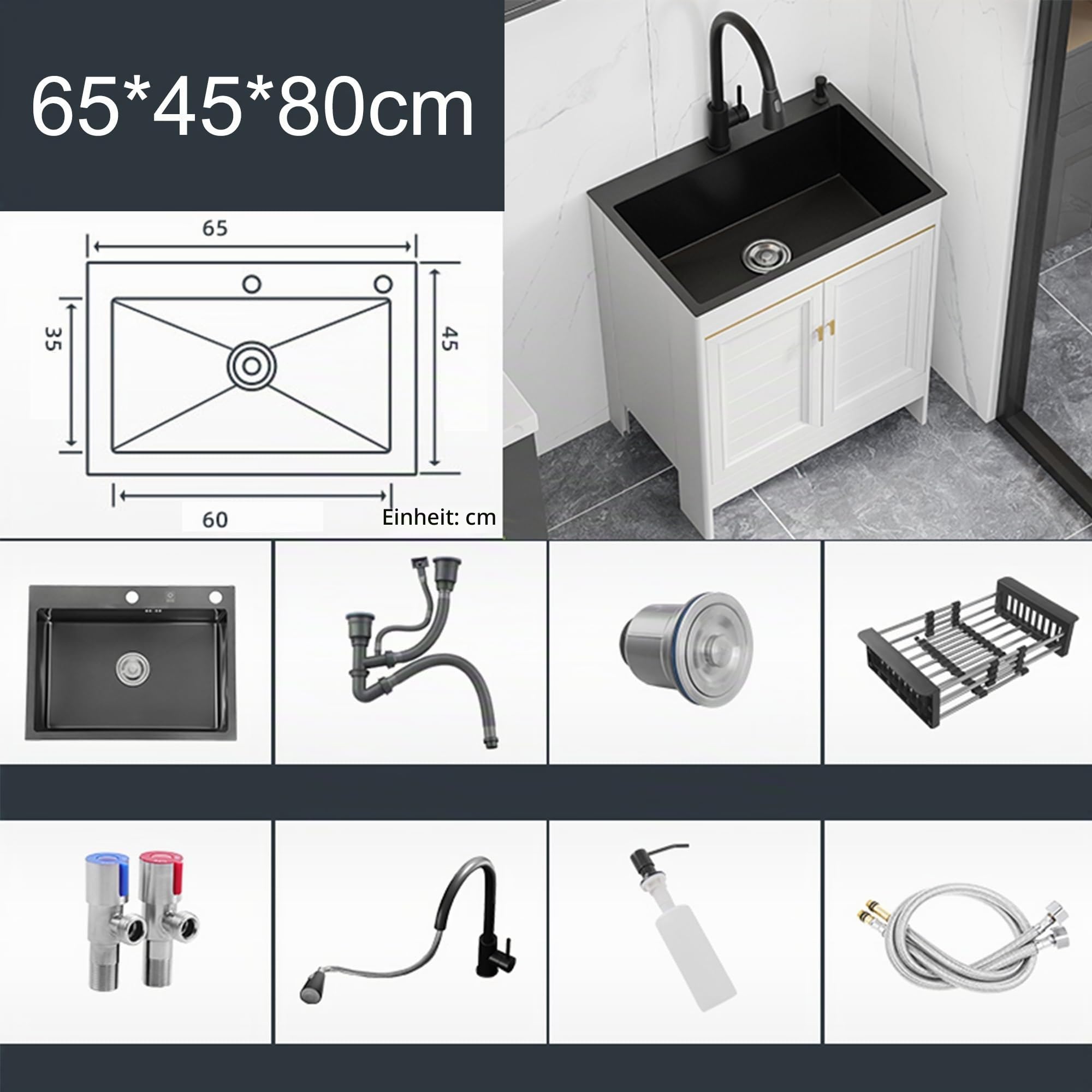 Spüle Küchenspüle mit Unterschrank 80 cm Spülenschrank mit Spüle und Armatur Spülschrank mit Spülbecken Edelstahl Mobiles Waschbecken mit Ausziehbarem Wasserhahn Seifenspender Ablauf-Set ( Size : 65*4 Baumarkt