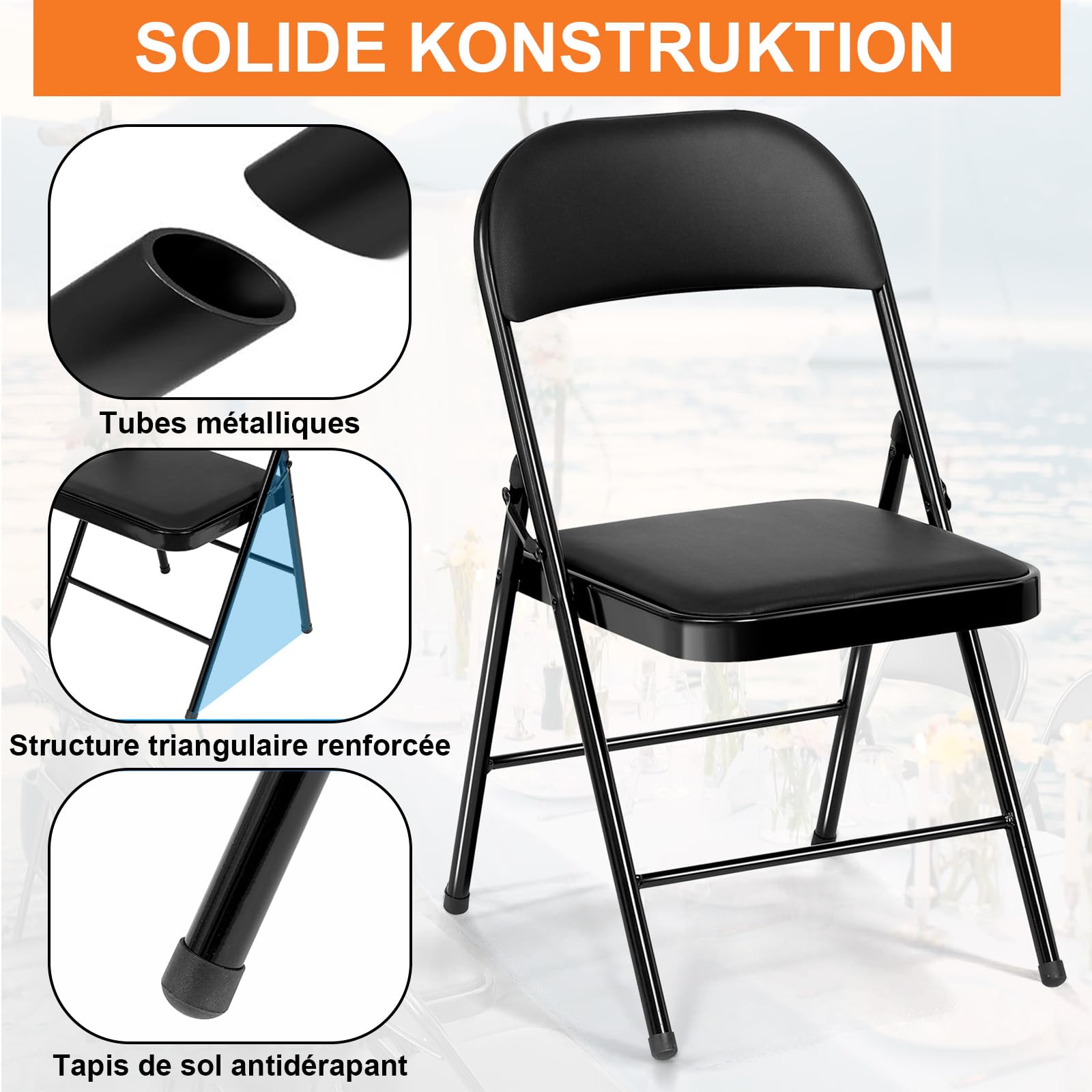 Chaise Pliante Confortable, Set de 6 Chaise Pliante Interieur, Chaise Pliante Exterieur jusqu'à 158 KG,métal Chaise Pliable pour invités, Cuisine, Camping, Chaise de Jardin Pliante Noir