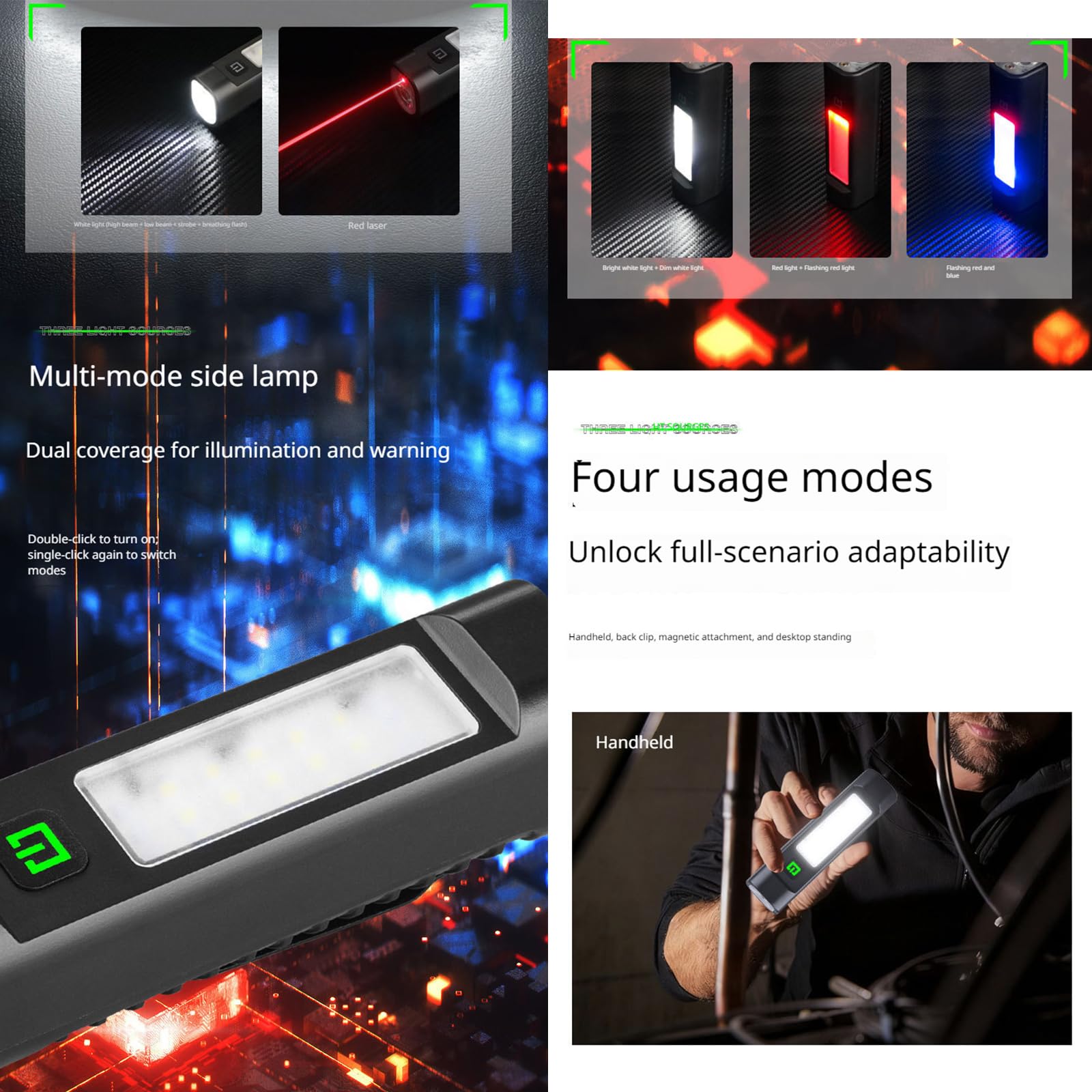 Juego de luces para bicicleta, luz multifuncional para bicicleta, 4 modos, luces LED portátiles de trabajo, carga tipo C, faro delantero para bicicleta de montaña y ciclismo