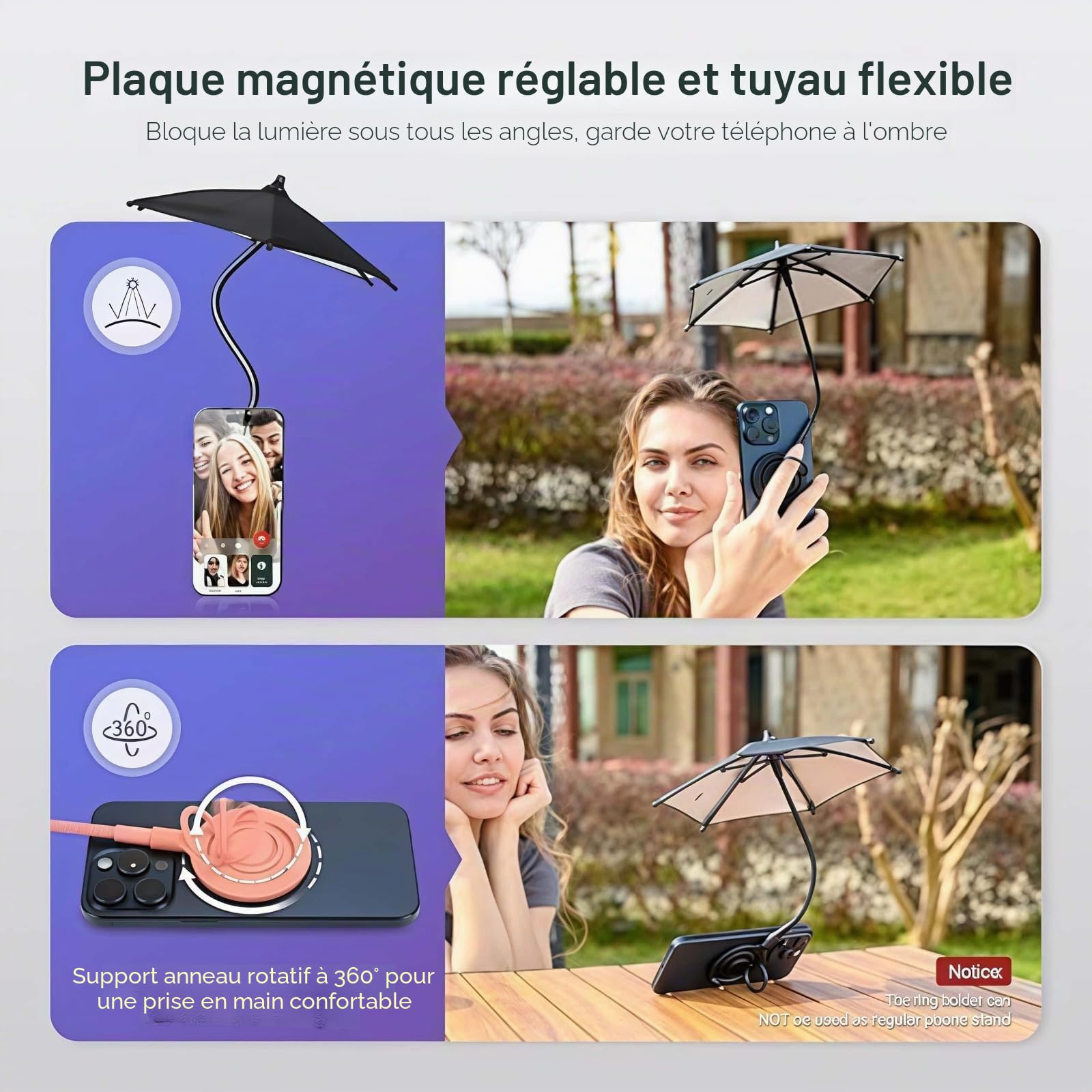 Générique Parasol Téléphone Portable Réglable avec Protection Anti-UV et Imperméable, Parapluie Smartphone Magnétique pour Vélo Moto Voyage Plage Randonnée Utilisation Extérieure