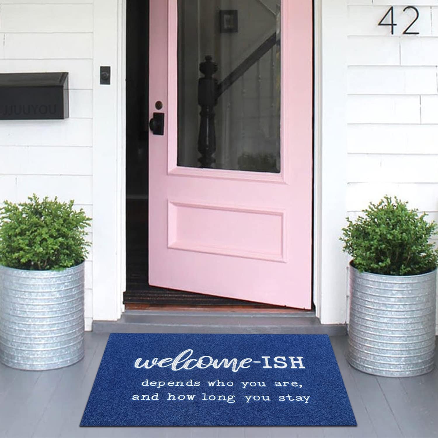 JJUUYOU Large Door Mat Welcome Doormat Low Profile Floor Mats Front Doormats Blue Welcome-ish Indoor Door Mats Non Slip Absorbent Resist Dirt Entrance Doormat for Entryway, Patio 24"x36"