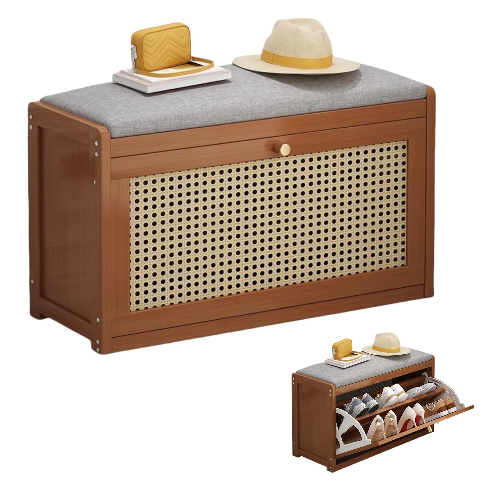 Banc range-chaussures noyer 70 cm avec coussin confortable et rangement réglable