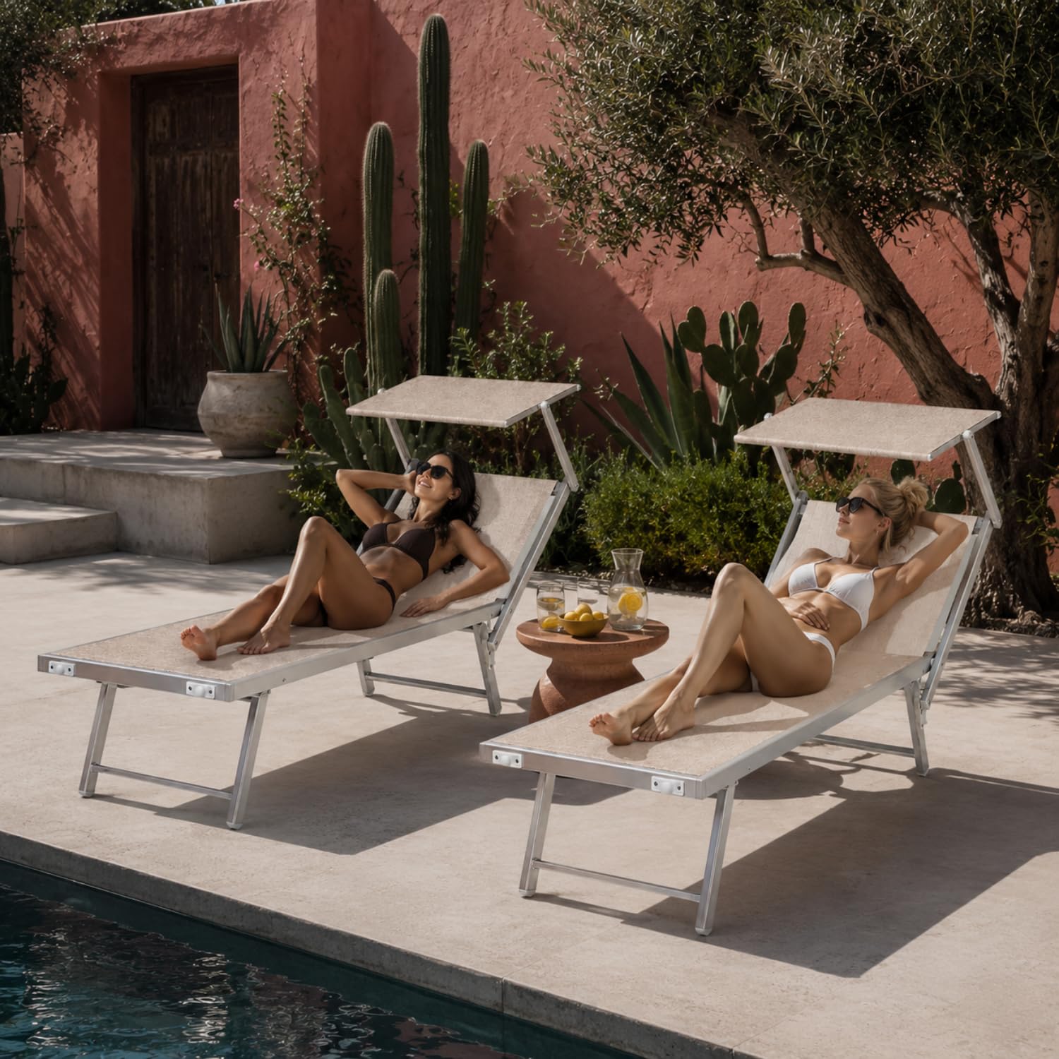 PALUPLUS 2 Lettini Prendisole Professionali in Alluminio, Misura 186x61x40 cm, Tessuto Textilene, con Tetto Parasole e Schienale Regolabile, per Spiaggia, Lido, Piscina, Portata 150Kg -8458F (Crema)