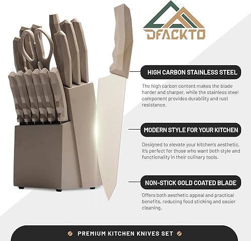 Miniatura 2 de DFACKTO Juego de cuchillos de oro desierto de 15 piezas con bloque, afilador y tijeras de cocina, cuchillas afiladas de acero inoxidable de alto