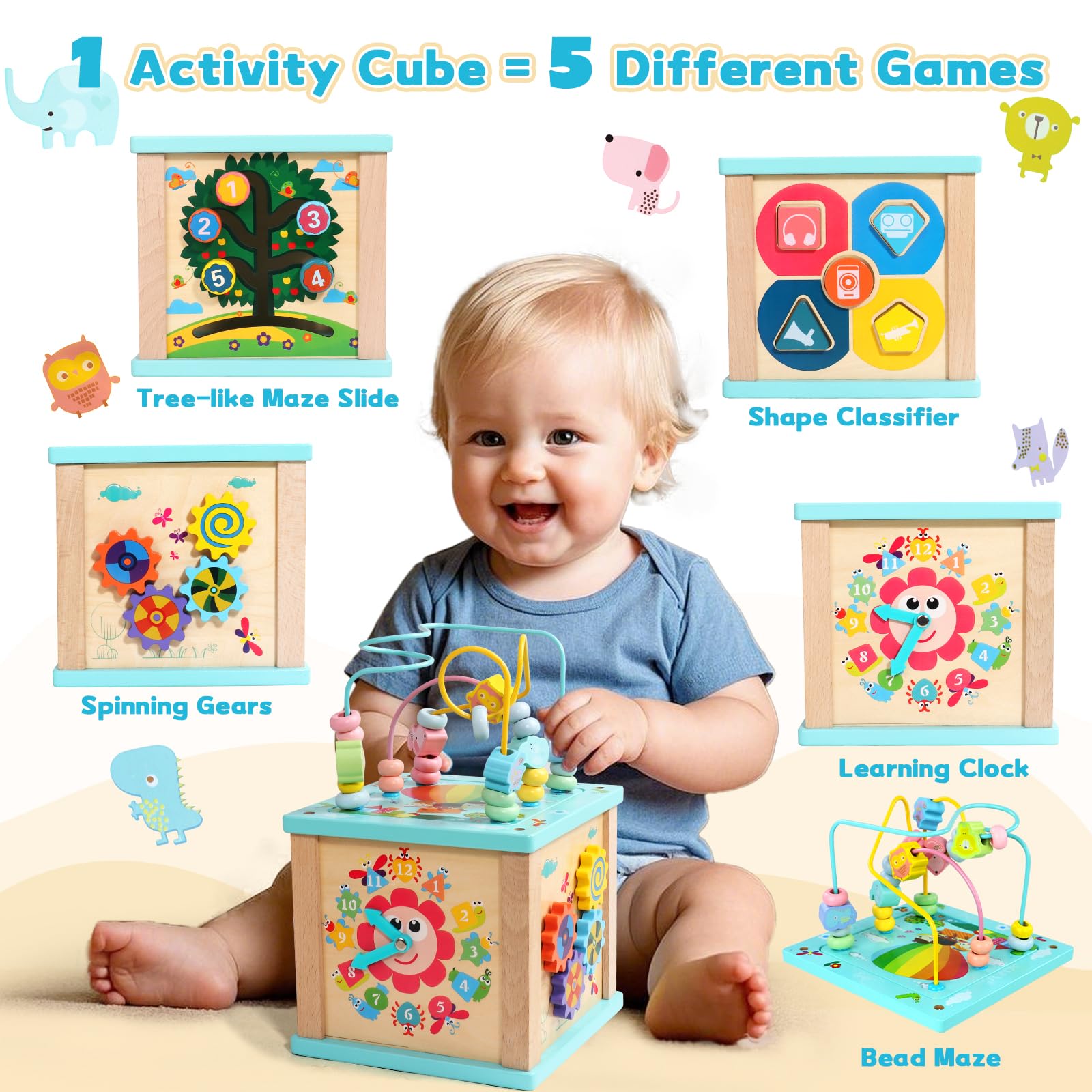 Fajiabao Motorikwürfel 5 in 1 Aktivitätswürfel Baby Holzspielzeug, Montessori Spielzeug ab 1 Jahr, Activity Center Baby 18 Monate Lernspielzeug Geschenk für Kinder Jungen Mädchen