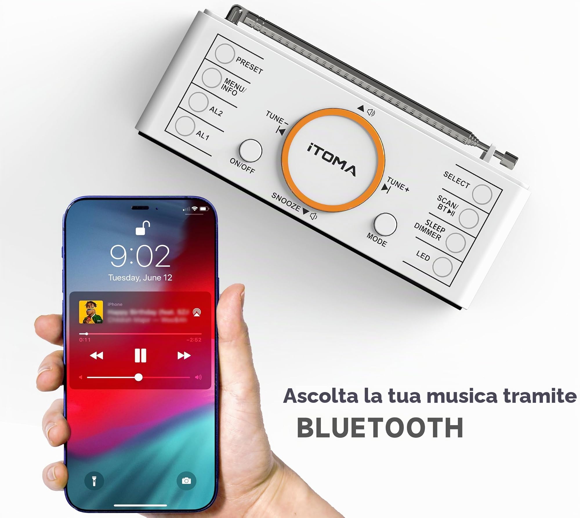 iTOMA Radiosveglia DAB e FM con 40 Preimpostazioni, Bluetooth, Doppio Allarme, Timer di Spegnimento, Controllo Dimmer, Caricatore USB e Jack per Auricolari 728