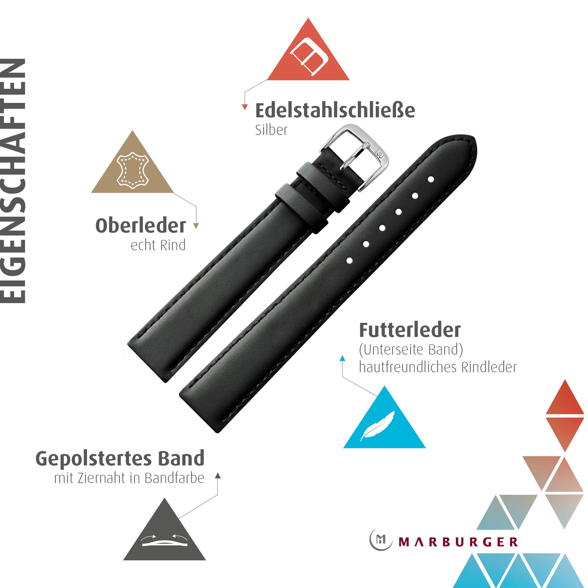MARBURGER Uhrenarmband 18mm Leder XL Glatt Mit Naht - Werkzeug Montage Set 66018