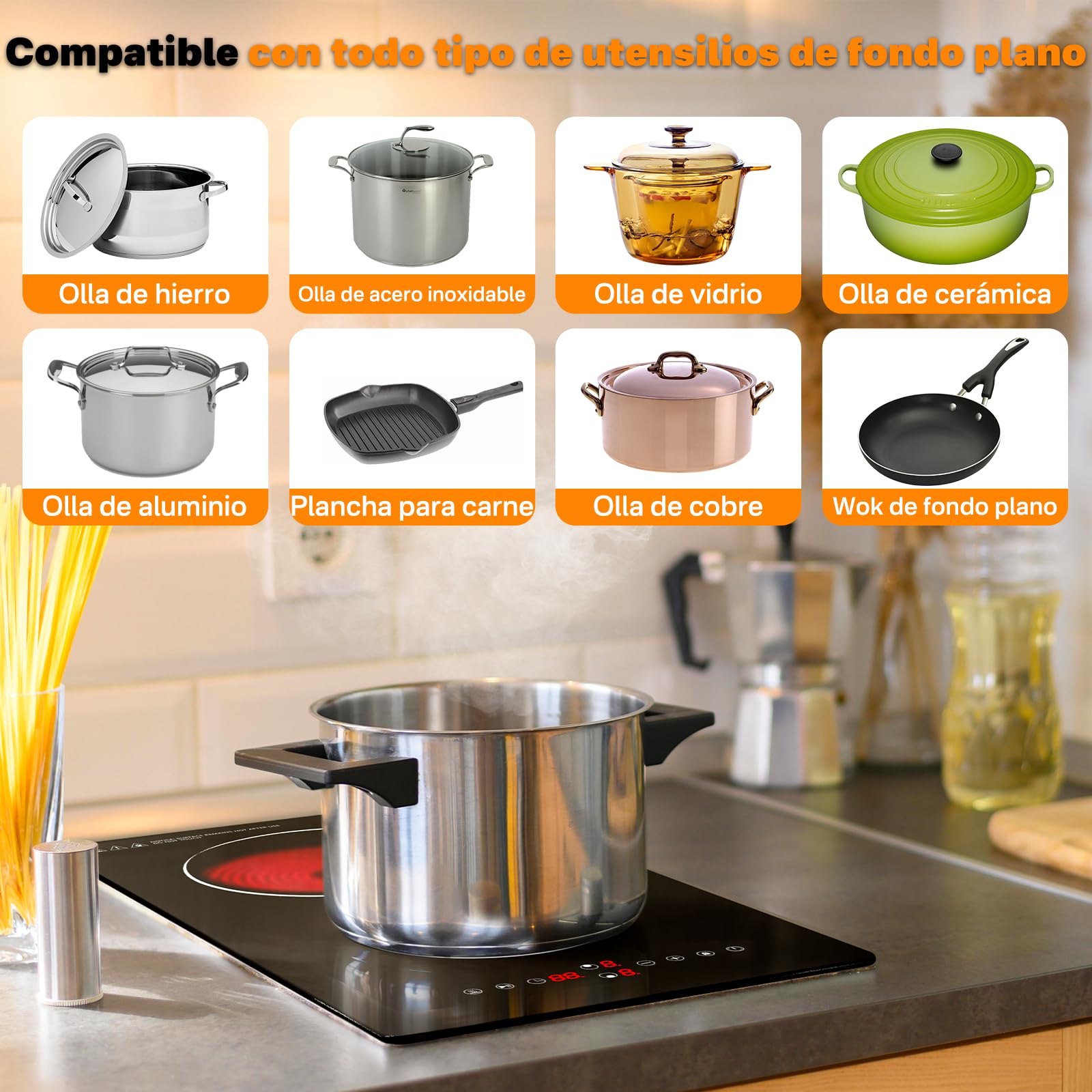 Placa Vitrocerámica 2 Fuegos 3000W Control Táctil Empotrable y Sobremesa