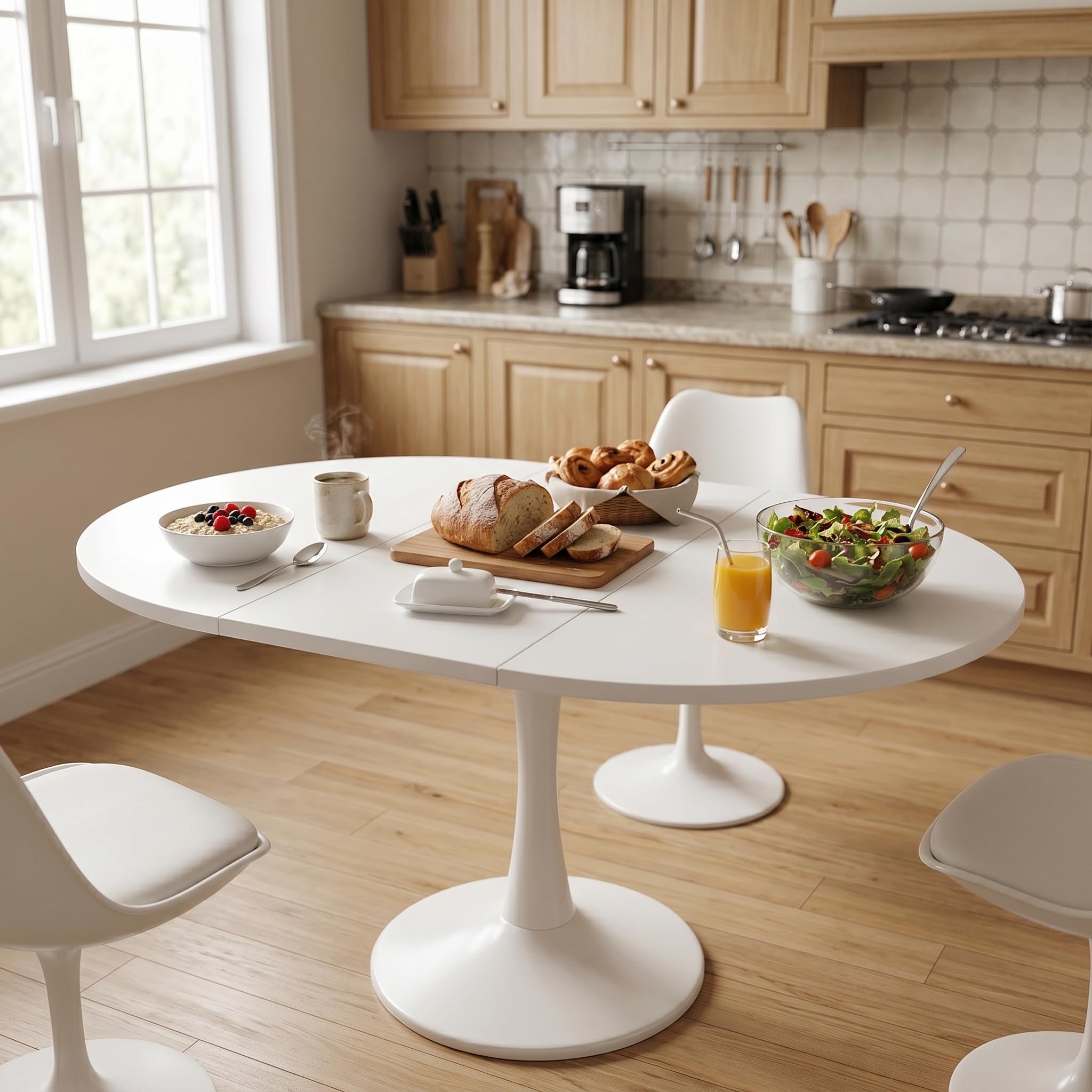 Tavolo da pranzo allungabile, 100/140 x 100 x 75 cm, bianco, rotondo, da cucina, da giardino, per piccoli appartamenti o ambienti multifunzione