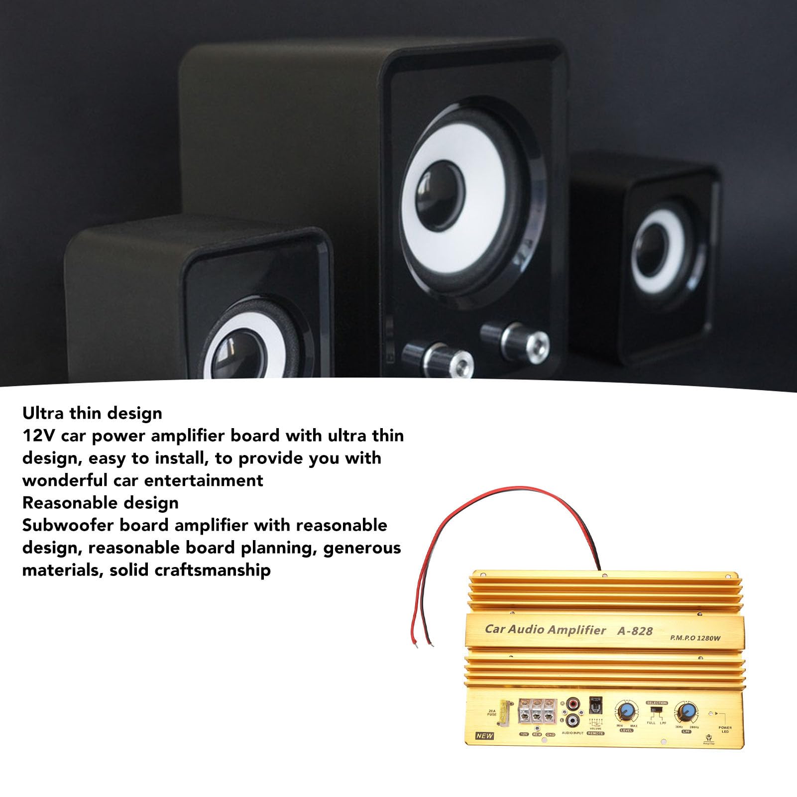 Car Amplifier Board, Car High Power Amplifier Amp Board, Heat Sink Aluminum, High Power 1280W, Thin Design with 12V for 8-12 Inch Woofer