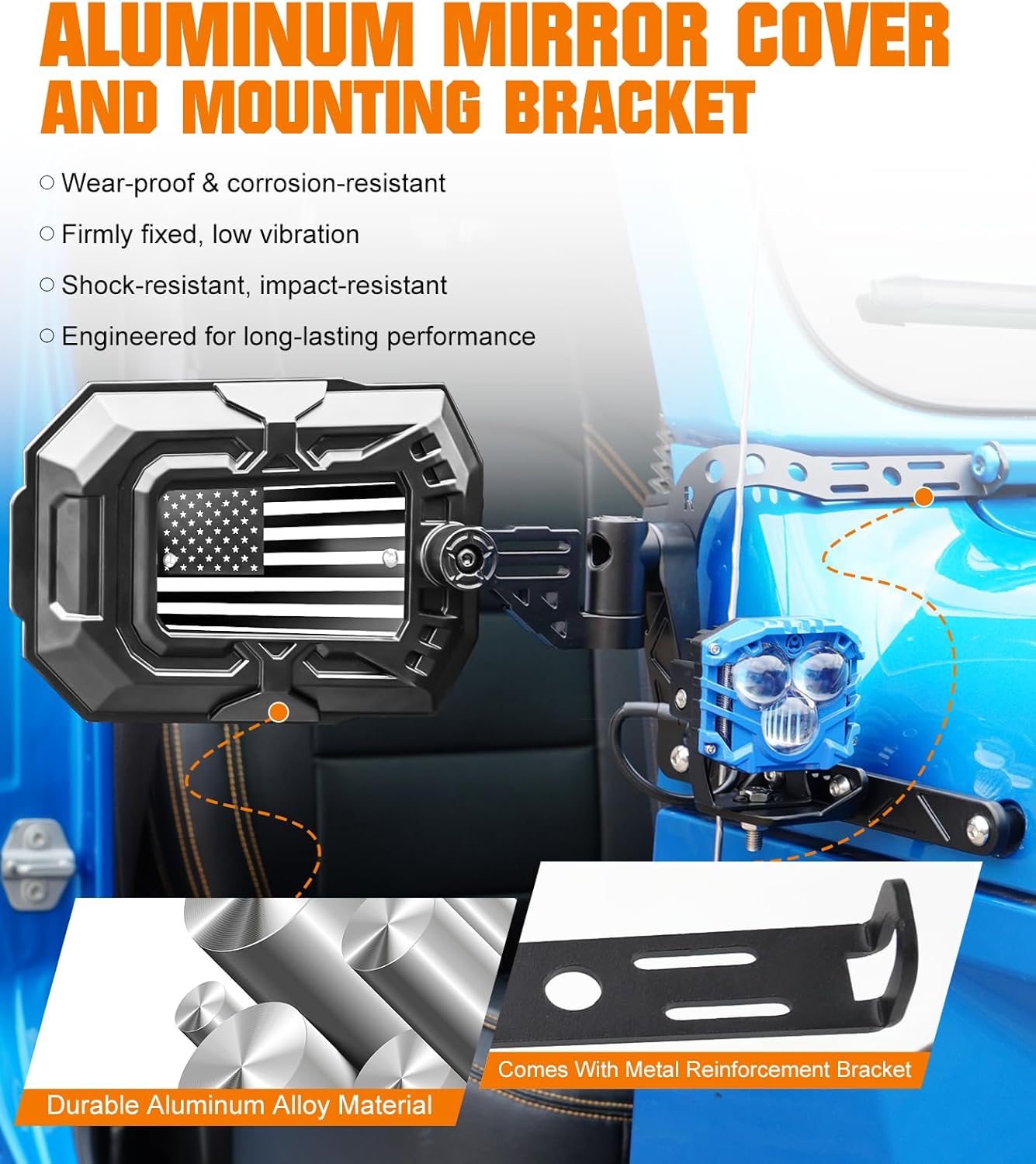 Aluminum Wrangler Mirrors Doors Off for 2018-2025 Jeep Wrangler JL/JLU & Gladiator JT, Wider View Foldable Side Mirror Replacement with Light Bar Bracket, No Vibrate & Wobble, Not Fit Doors On