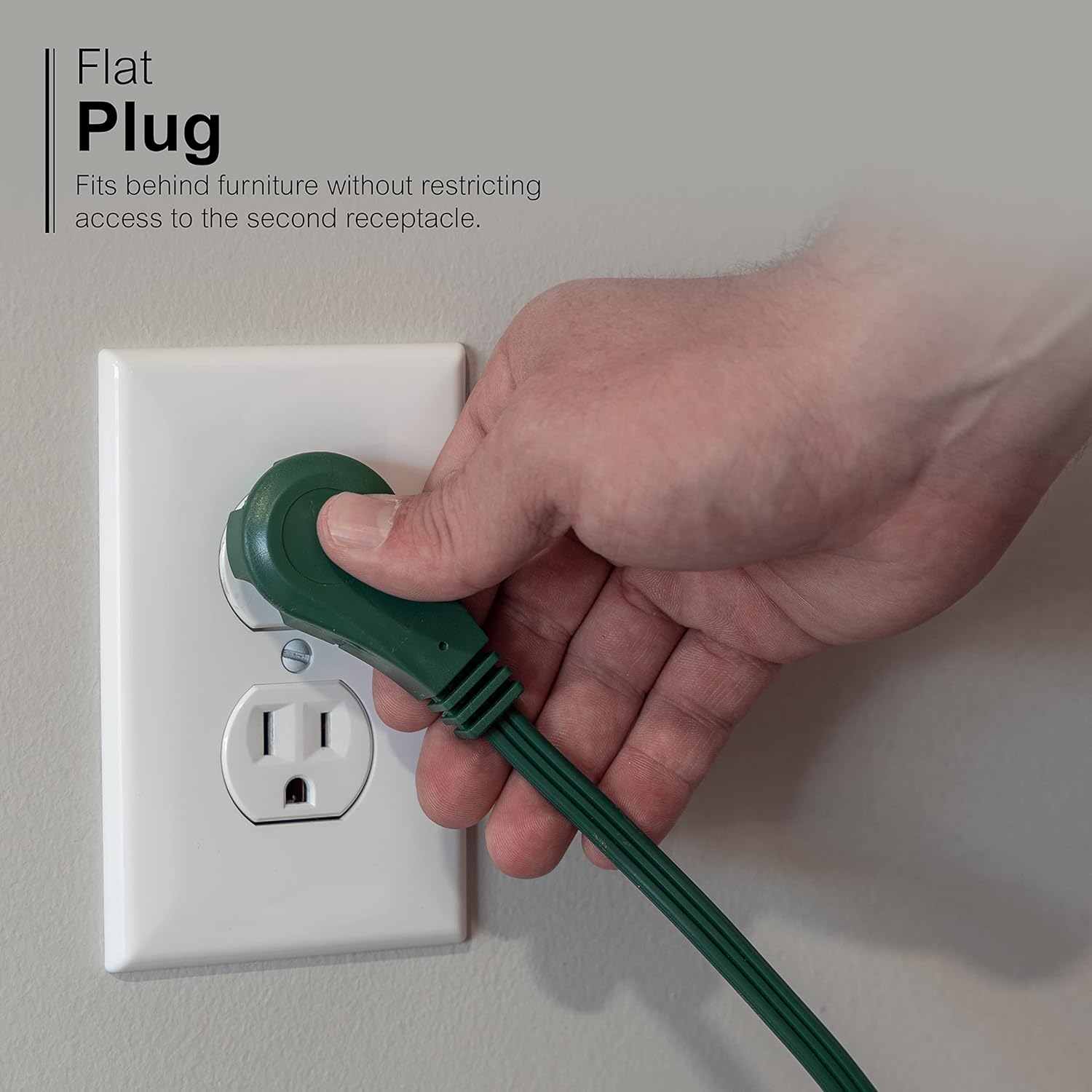 GE 3-Outlet Flat Extension Cord - 15 Ft Grounded with Multiple Outlets, 3 Prong Plug Extender, 16 Gauge UL Listed Green 70853