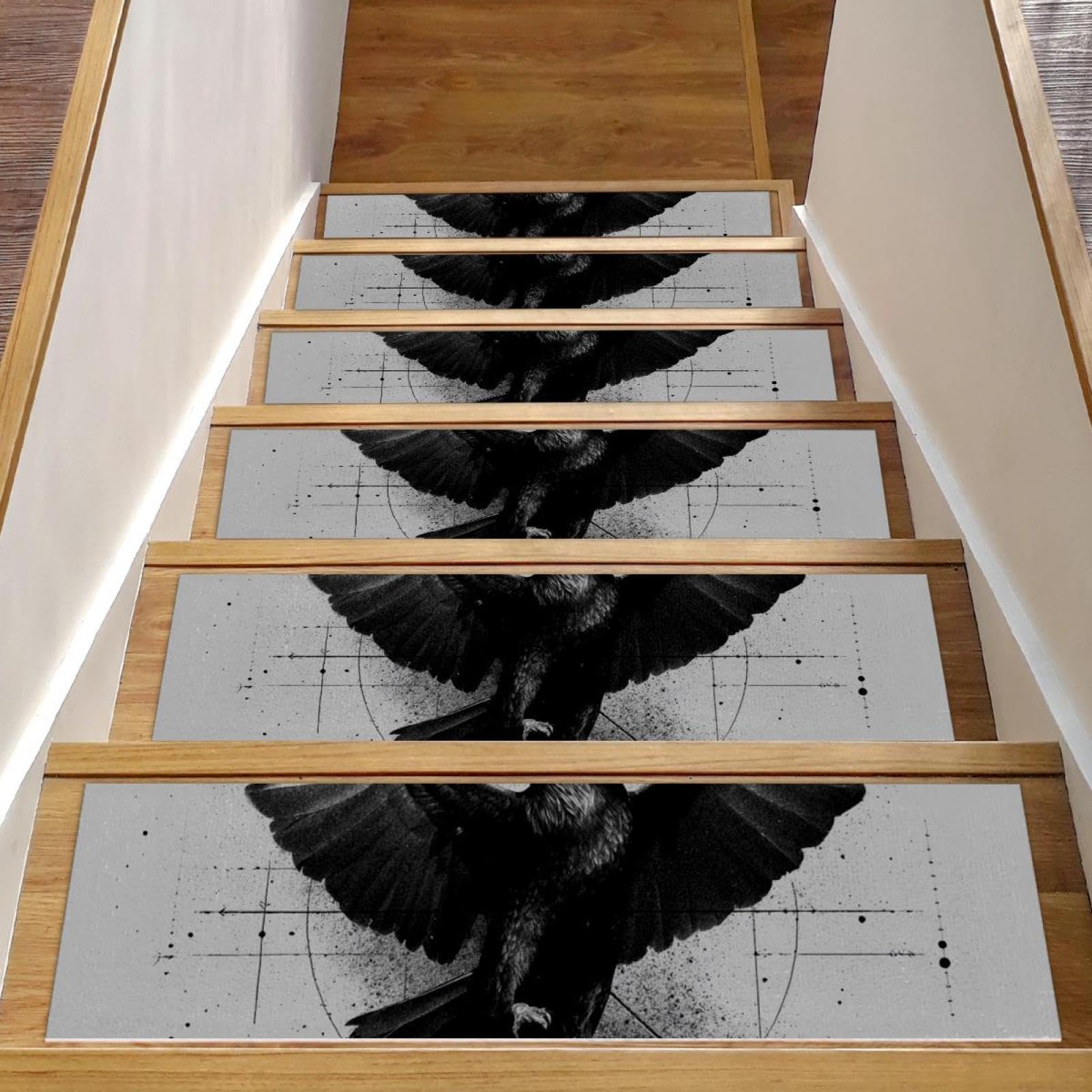 Tapis d'escalier antidérapants Crow Lot de 15 marches bois lavables 20x76 cm