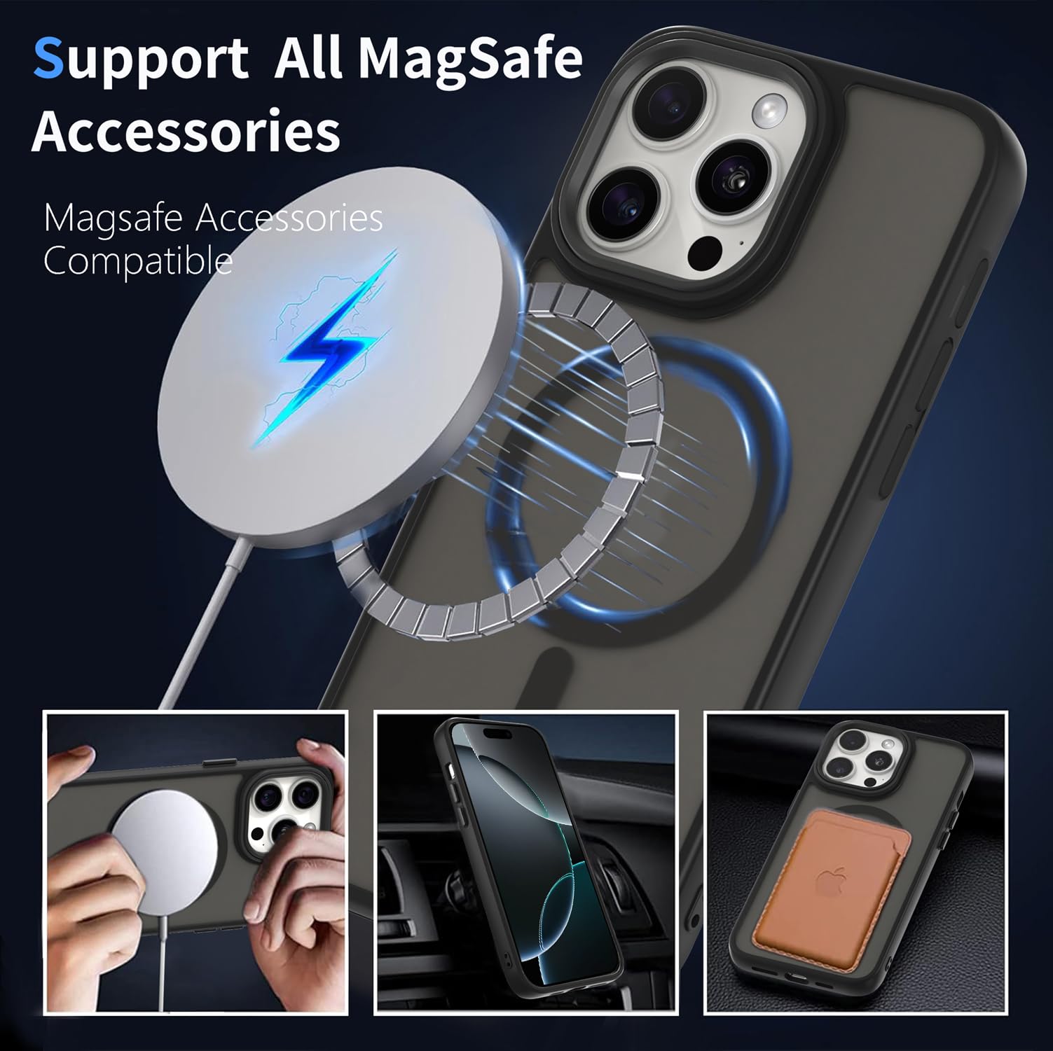 AOMYKE Cover Magnetica per iPhone 16 Pro Max, Custodia iPhone 16 Pro Max Compatibile con MagSafe, Traslucida Opaca Posteriore Sottile PC+TPU Bumper Antiurto Case - Nero