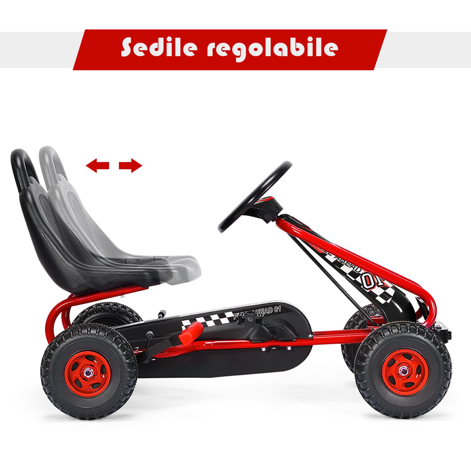 COSTWAY Go Kart a Pedali per Bambini, Veicolo con Sedile Regolabile e Freno a Mano, Portata 30 kg Rosso