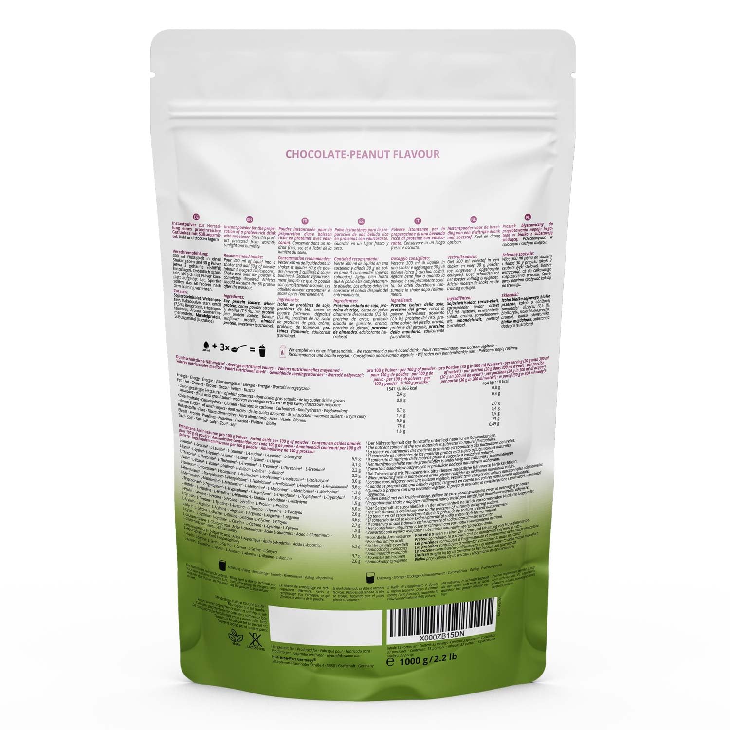 Nutri+ PROTÉINES EN POUDRE CHOCOLAT ET ARACHIDES 2 kg Mélange de protéines végétaliennes sans lactosérum - Protein 6k 2000g poudre de protéines en double emballage