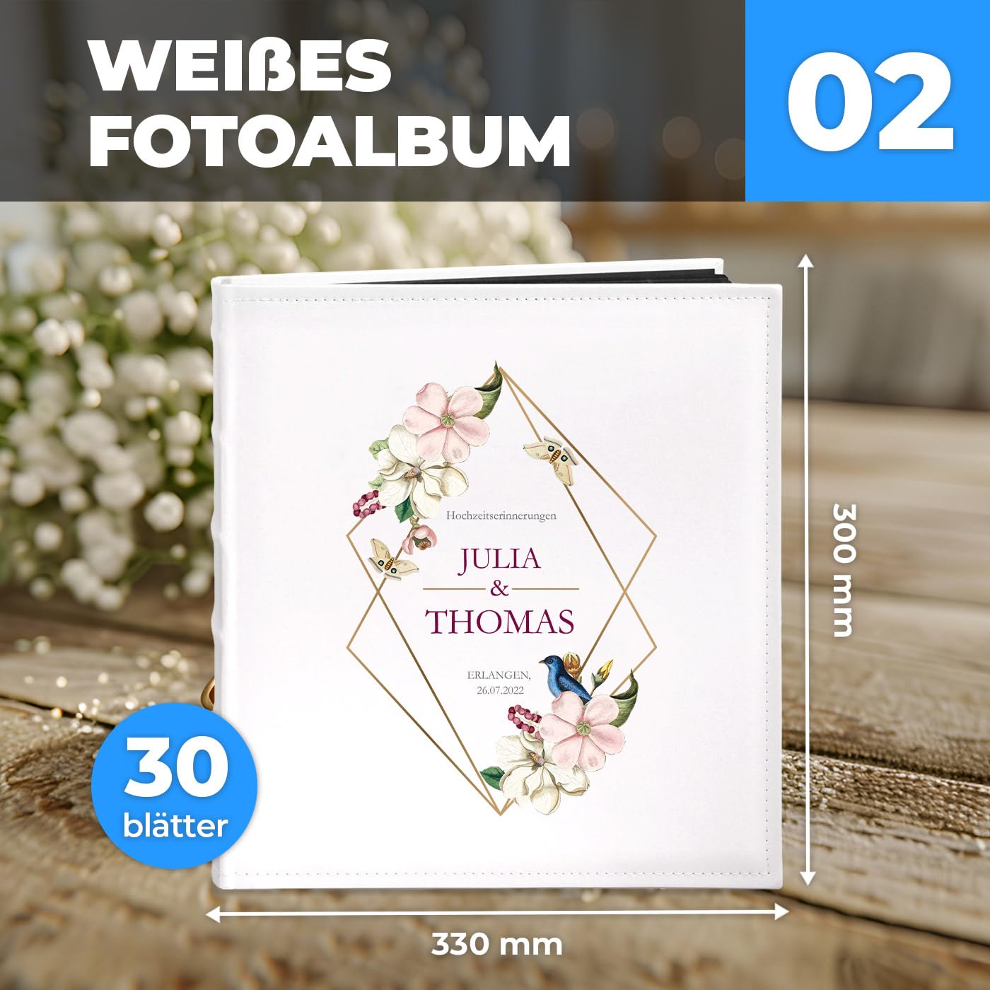 Maverton Fotoalbum zum Selbstgestalten mit Aufdruck - für 240 Fotos 10x15-60 schwarze Seiten - Größe 33x30cm - Weihnachtsgeschenke - Weiß - personalisierte Geschenke zum Hochzeitstag zur Hochzeit