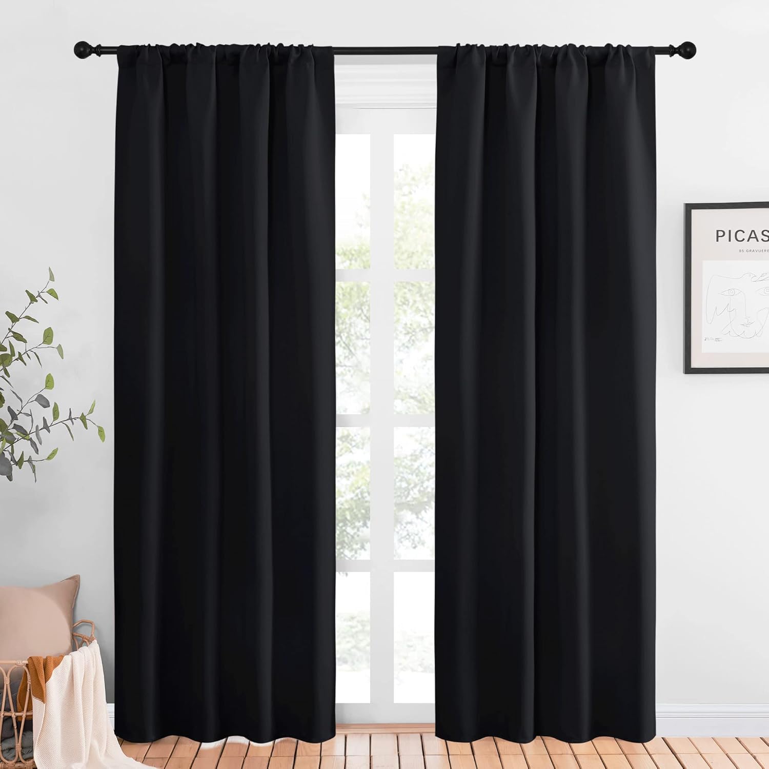 NICETOWN Living Room Blackout Shades - All Season Rod Pocket Thermal Insulated Solid Blackout Curtains/Drapes for Living Room (Set of 2, 42 inches by 84 Inch, Black)