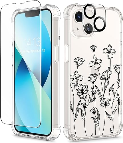 Miniatura 8 de GVIEWIN Funda diseñada para iPhone 13 de 6.1 pulgadas, con protector de pantalla de vidrio templado + protector de lente de cámara, flor