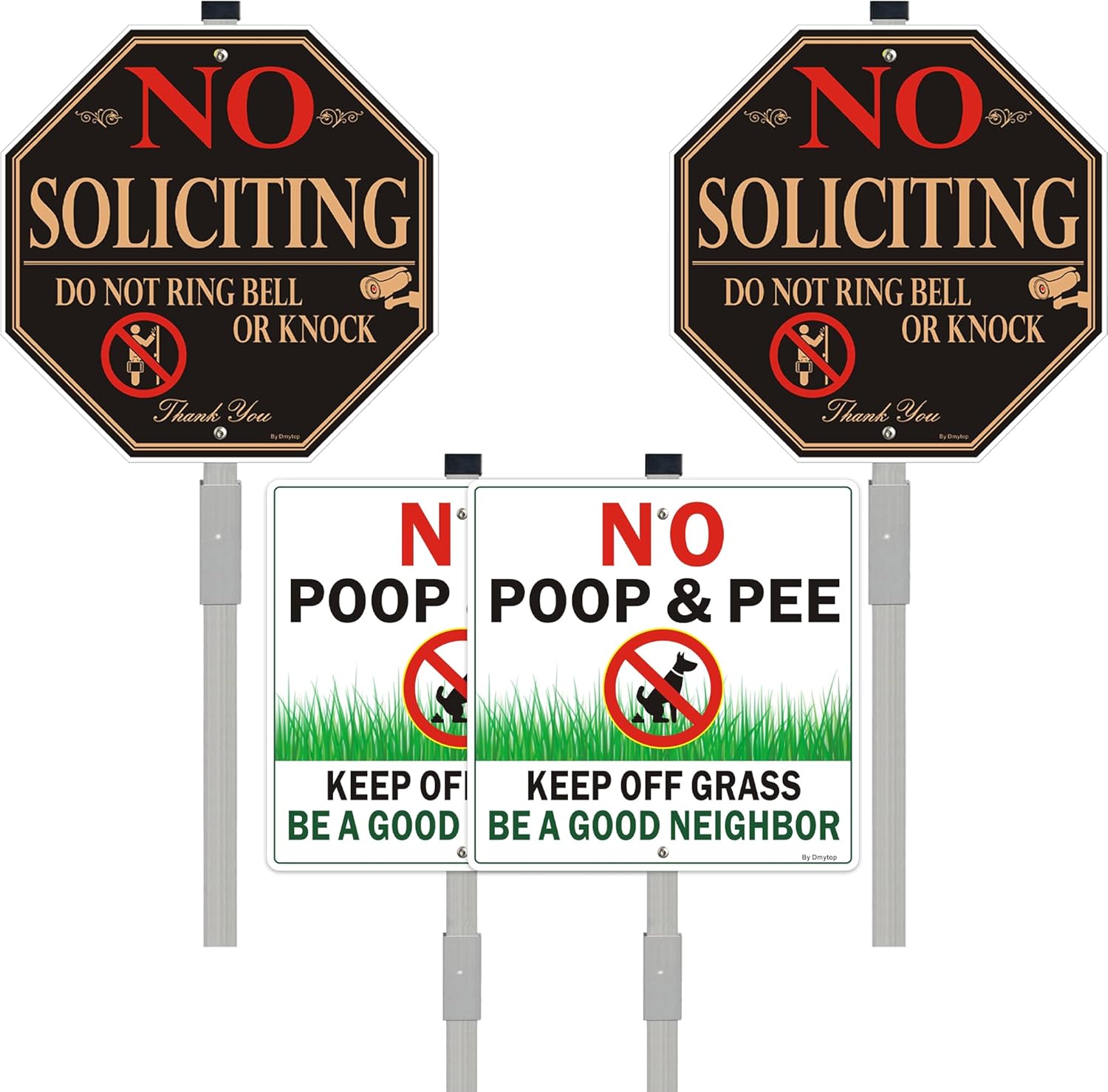 2 Pack No Soliciting Yard Sign for House with 28" Aluminum Alloy Stake + 2 Pack No Pooping Dog Signs for Yard - Keep Off Grass Lawn Sign With 28" Metal Stakes