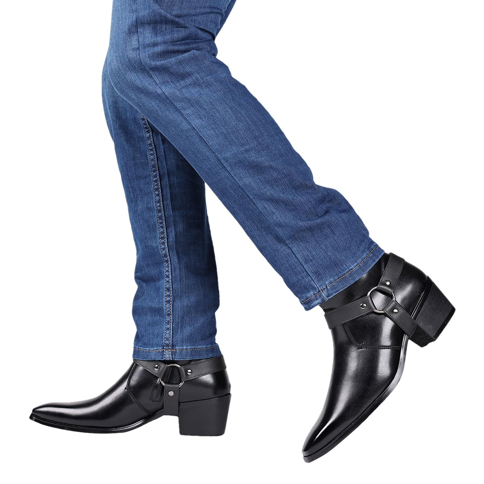 ANUFER Herren 5cm Blockabsatz Seitenreißverschluss Stiefeletten | PU-Leder, Cooler Punk-Stil, Nietriemen, Quadratischer Zeh, Elegante Stiefelschuhe