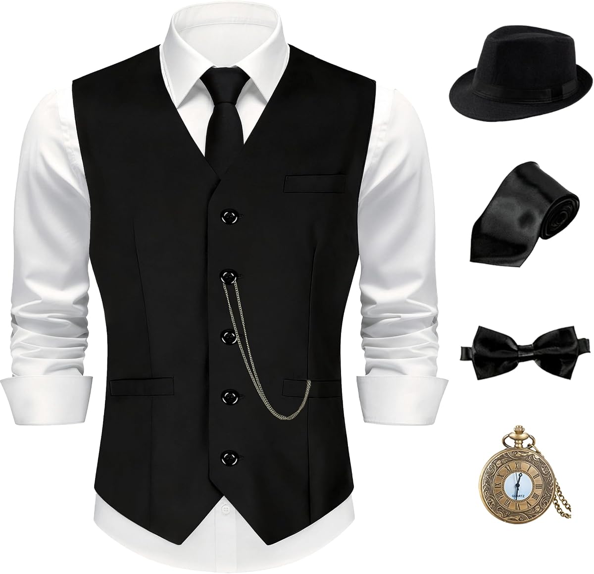 Disfraz para hombre de los años 20 - Conjunto de atuendo de los locos años 20 para Gatsby Gangster | Incluye chaleco, sombrero, reloj de bolsillo y corbata. Traje vintage de los años 20 para Halloween