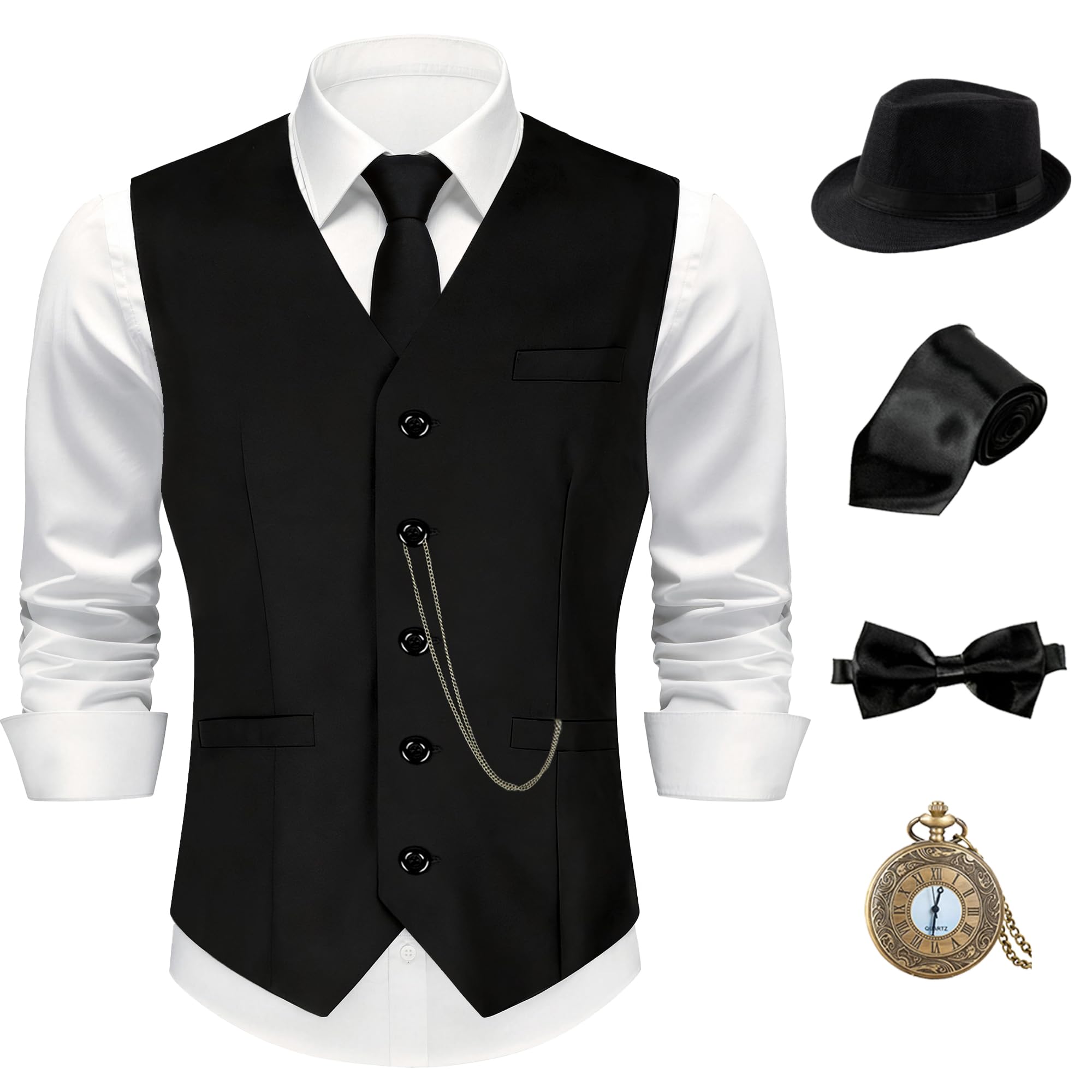 1920s Mens Costume,Roaring 20s Costumes for Men Accessories Set,Gatsby Gangster costume 1920s Mens Outfits Hat Vest Vintage Pocket Watch Bow Tie BL0XL