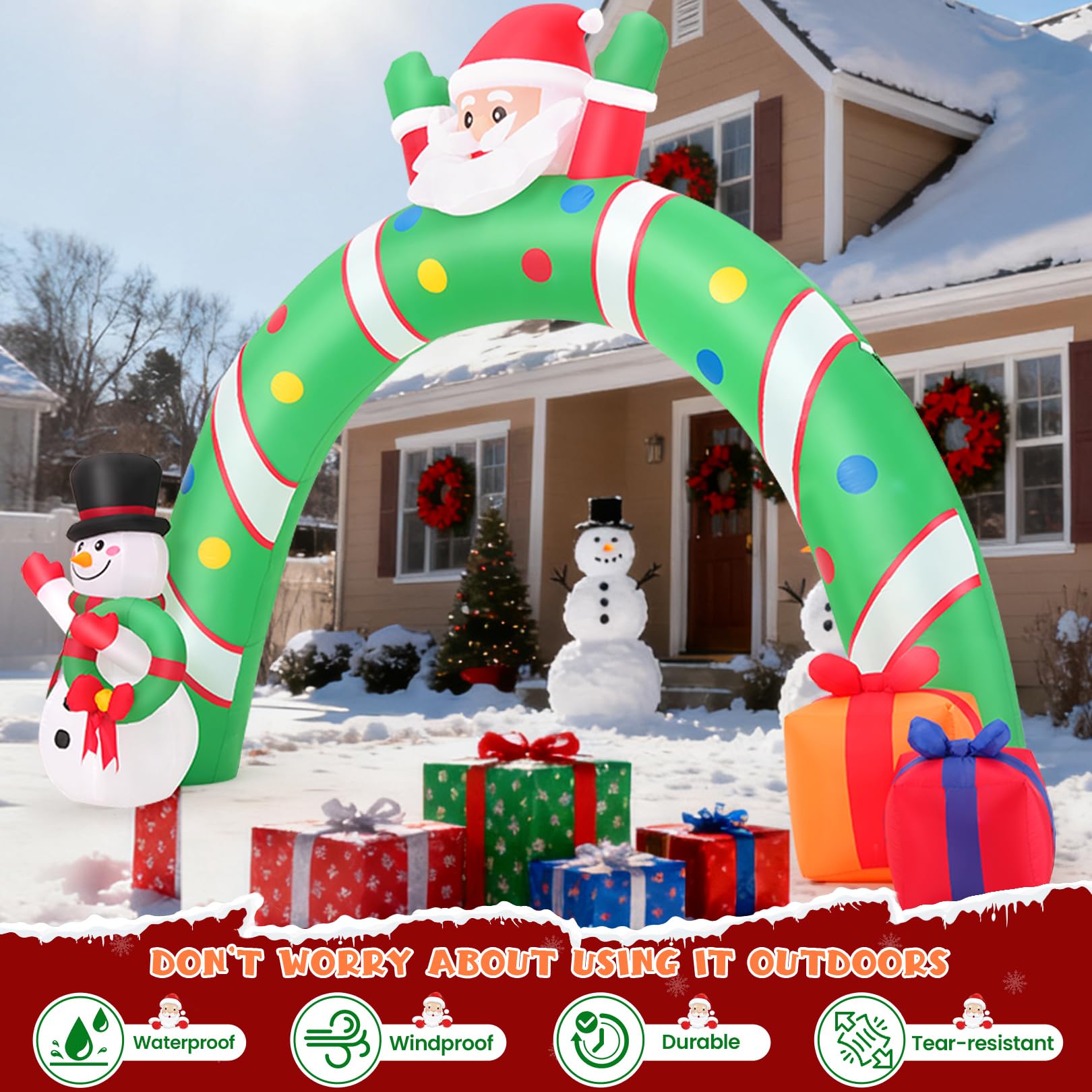 Arche gonflable de Noël de 3 m - Décoration extérieure géante - Père Noël - Avec bonhomme de neige et boîte cadeau - Effet d'éclairage LED en croix intégré pour Noël, fête, cour, jardin, pelouse