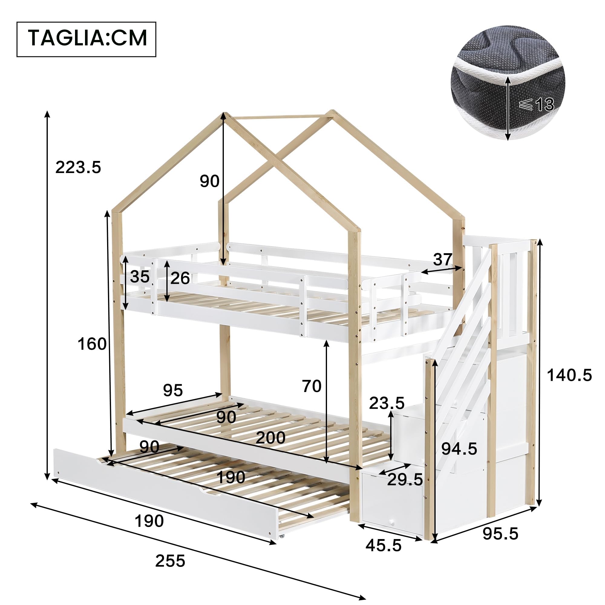 Moimhear Letto a castello, letto estraibile per casa sull'albero, con 4 cassetti, culla con protezione anticaduta e rete a doghe, colore naturale e bianco (90 x 200 cm e 90 x 190 cm)