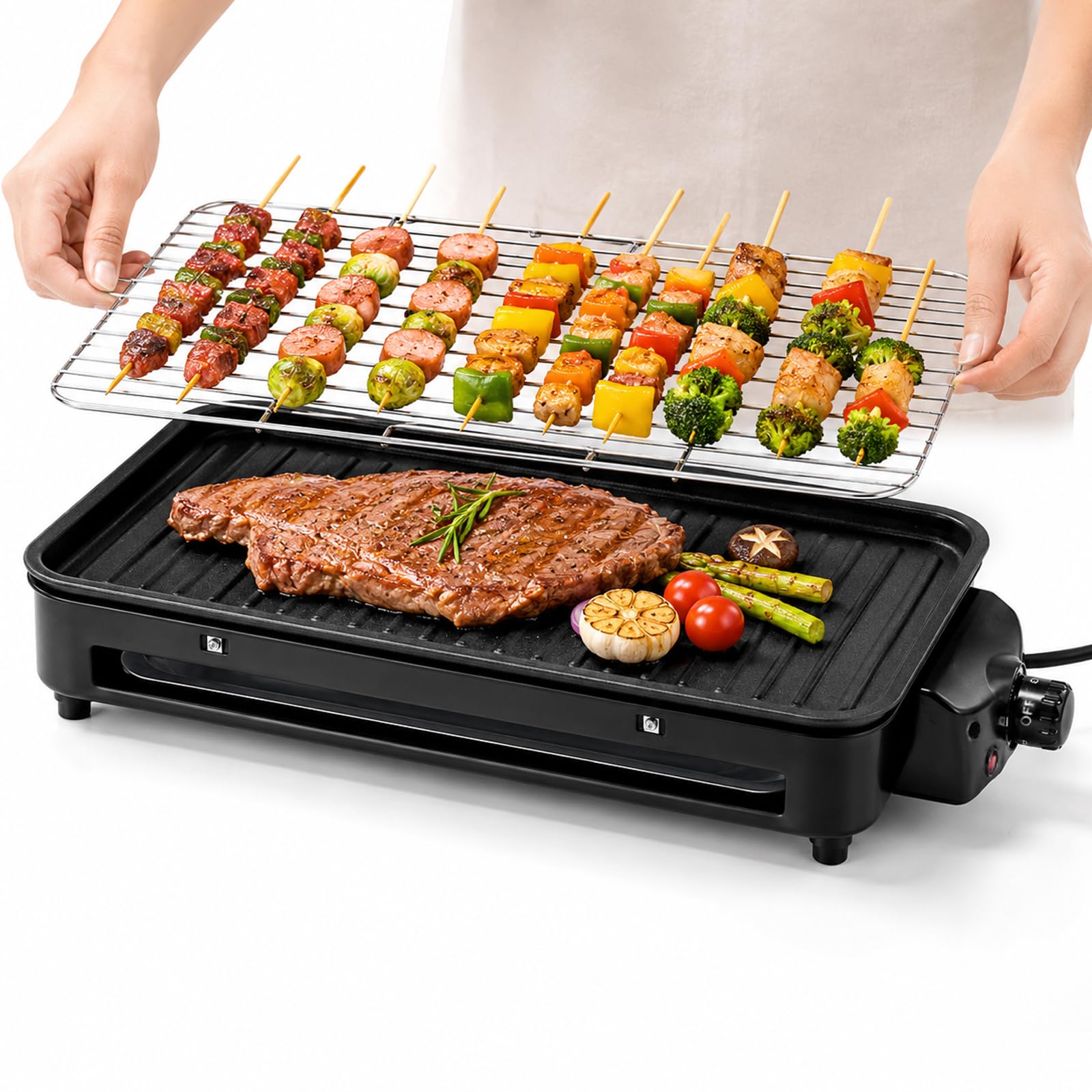 Barbacoa de mesa eléctrica con plancha 2 en 1, gran superficie de parrilla para interior y exterior, 1500 W, 5 niveles de calor ajustables, parrilla eléctrica con plancha para balcón y cocina, fácil