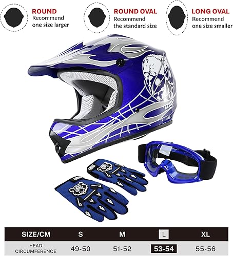 Miniatura 3 de TCT-MOTORPARTS DOT Cascos de Motocross para Niños y Jóvenes ATV Todoterreno Dirt Bike Motocicleta Cara Completa Casco de Calavera Azul+Guantes+Gafas