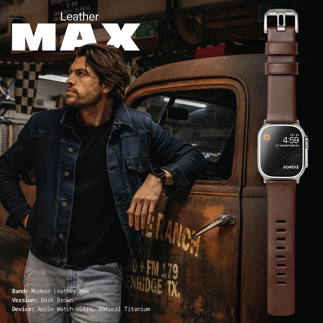 KORDIZ Modern Leather MAX Band for Apple Watch Ultra 3, Ultra 2 & Ultra (49mm) – Premium Full-Grain Leather Strap for Men, Rugged Modern Design, Stainless Steel Buckle, Comfortable Everyday Fit – 26mm Wide Leather Band