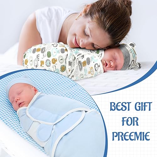 Miniatura 6 de Buryeah Paquete de 4 mantas para bebé prematuro con gorro para bebés niños y niñas de 3 a 7 libras, ropa para recién nacidos, gorro para dormir