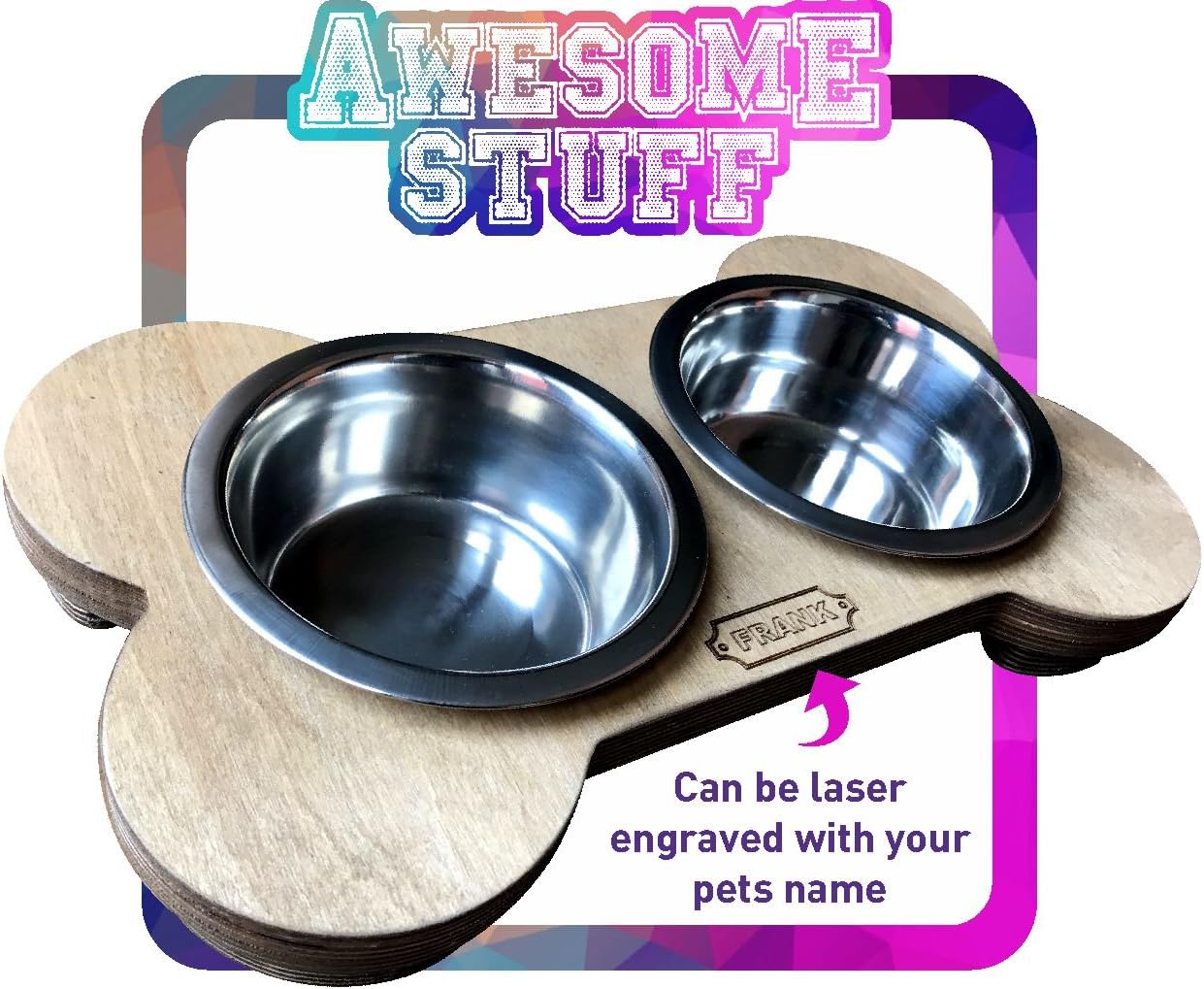 The Boner ADD YOUR DOGS NAME FREE OF CHARGE!! Bone shaped Dog Bowl holder complete with 2 x 6.5'' stainless steel bowls