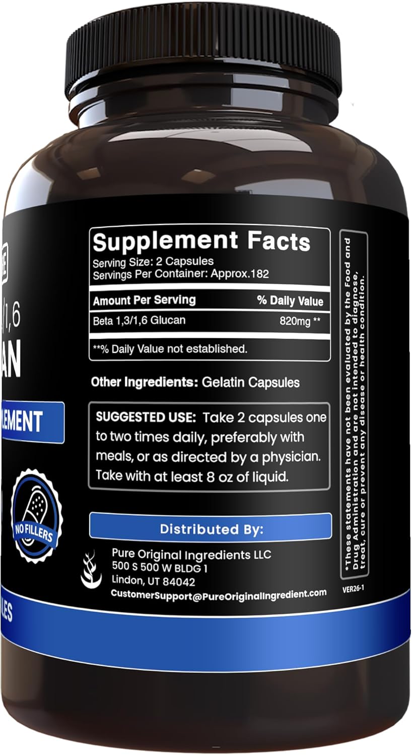 PURE ORIGINAL INGREDIENTS Beta Glucan 1,3/1,6, (365 Capsules) No Magnesium Or Rice Fillers, Always Pure, Lab Verified