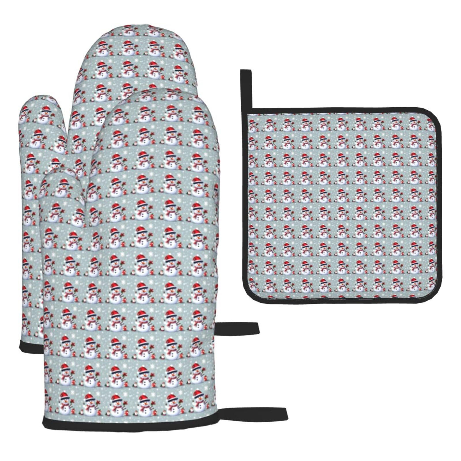 Christmas Happy Snowman Print Oven Mitts Kitchen Gloves Set Everyday Baking Grilling Microwaving Cooking Gift