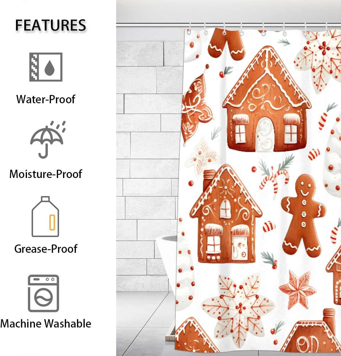 Shower Curtain with Hooks, Christmas Gingerbread Man Candy Cane Waterproof Polyester Fabric Shower Curtains 66" x 72" Machine Washable for Bathroom Bathtubs Decor Home