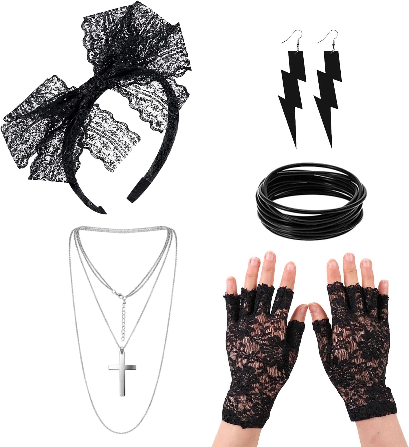 5 Pcs 80s Fancy Dress Costume Accessories, 80s Vintage Accessories, 80s Retro Party Set, Lace Headband Earrings Fishnet Gloves Necklace Bracelet for Party Carnival Ladies (Black)