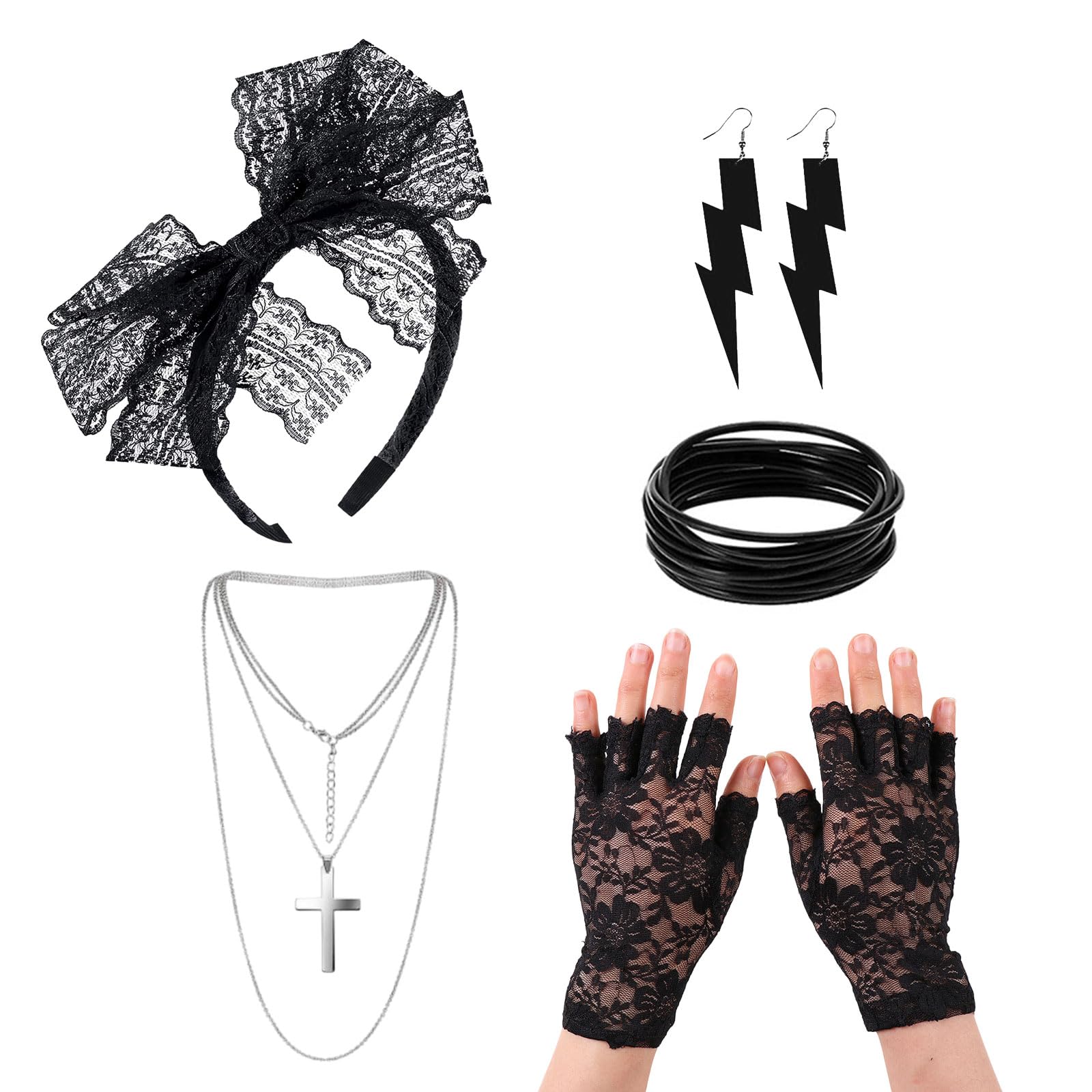 5 Pcs 80s Fancy Dress Costume Accessories, 80s Vintage Accessories, 80s Retro Party Set, Lace Headband Earrings Fishnet Gloves Necklace Bracelet for Party Carnival Ladies (Black)