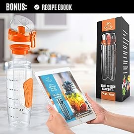 Zulay Kitchen 34 oz Large, Leakproof Fruit Infuser Water Bottle with Anti-Slip Grip - Men and Women\'s Ideal Fitness Gift Or For Gym, Camping, and Travel - Sunrise Orange